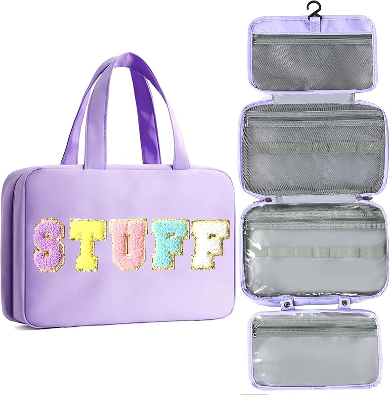 Necessaire de viagem Apxouans em poliéster com estampa de letras, gancho interno e compartimentos, ST-Purple