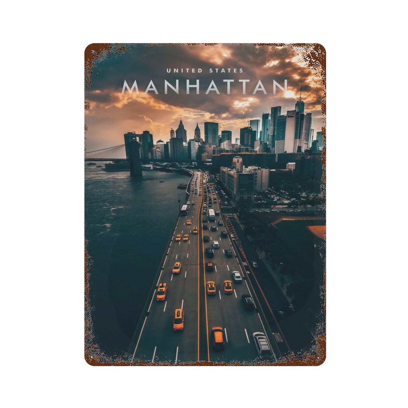Rust Effect Manhattan Skyline Vintage Rust Metal Sign 15.7"x11.8", Classic Wall Plaque for Shed, Workshop And Garage Wall Decor