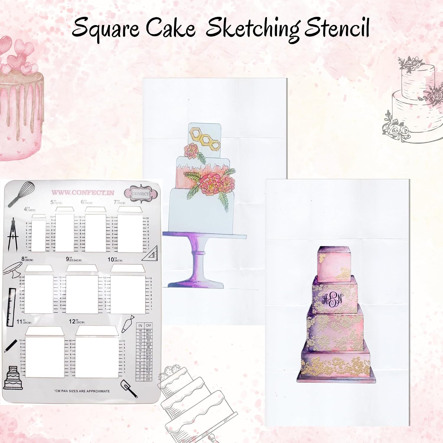 Confect Square Cake Sketching Stencils | Reusable Cake Decorating Stencils for Baking, Icing & Fondant | Decorating Tools for Cookies & Pastries