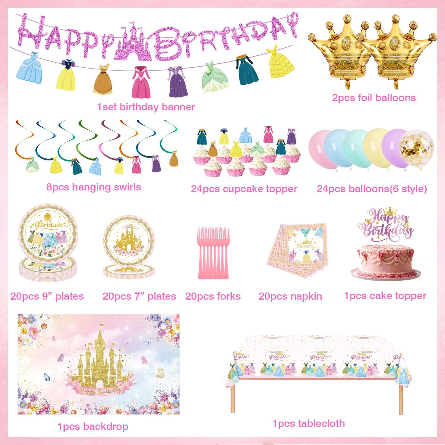 142pcs Princess Birthday Party Decorations Includes Plates, Napkins, Cake Toppers, Banner, Hanging Swirls, Tablecloths, Balloons, Backdrop for Princess Party Decorations (Princess Large Set)