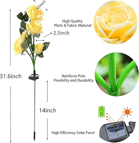 Miniatura 6 de Paquete de 2 luces solares para decoración de jardín al aire libre actualizadas 10 rosas solares de estaca de flores decorativas para patio, camino,