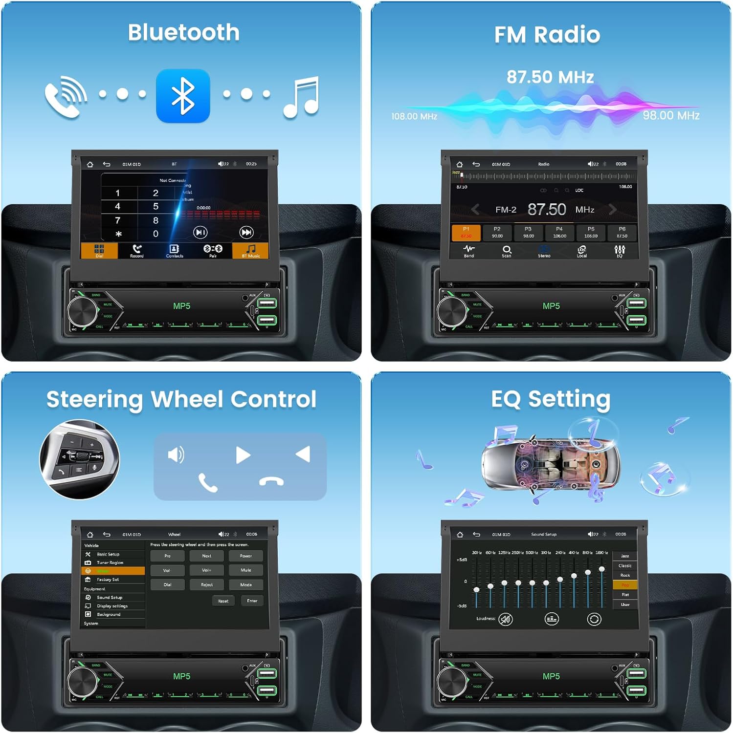 [Stable AM Radio] Hikity Single Din Car Stereo Carplay Android Auto, 7 Inch Flip Out Touch Screen Car Radio Bluetooth Car Audio Receiver, SWC, Mirror Link, FM/EQ, Dual USB/Type-C, Free Backup Cam, Mic
