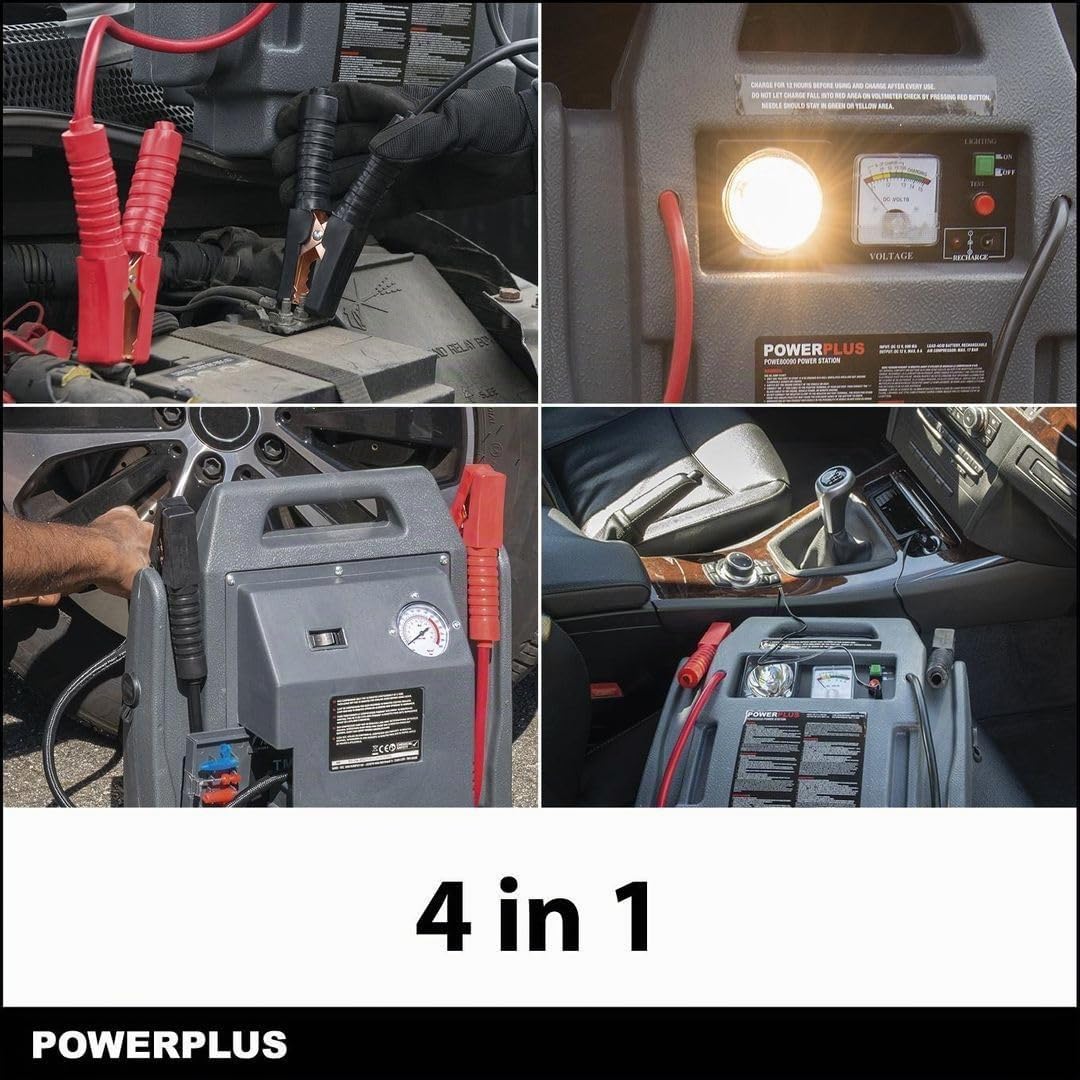 Powerplus POWE80090 4 in 1 Jump Starter Booster- Avviatore Portatile di Emergenza per Auto 900A 12V con compressore, Batteria e Lampada