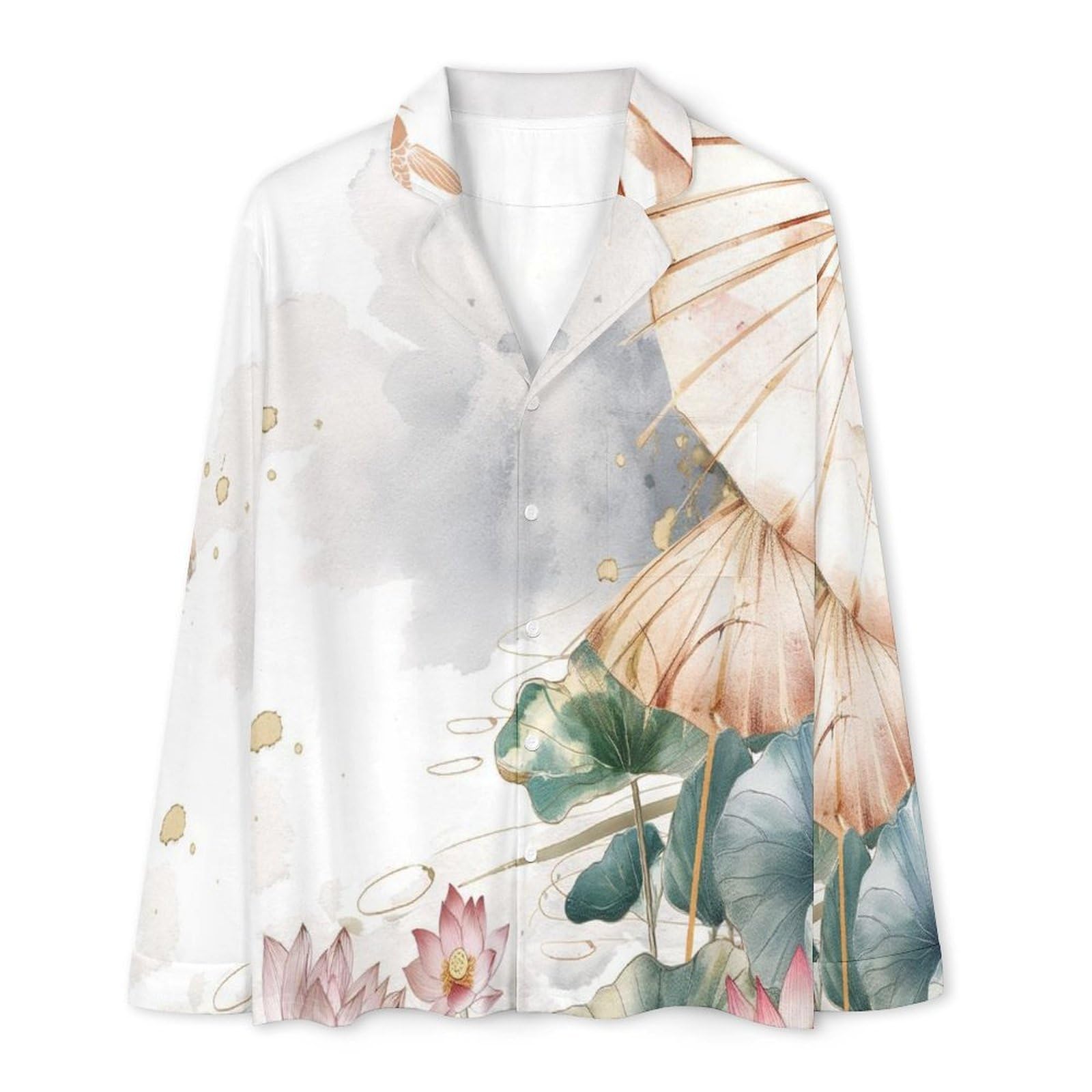 OLEETS Completo Pigiama da Uomo 2 Pezzi - Fiori E Foglie di Loto Rosa Top E Pantaloni in 2 Pezzi Pigiama Casual E Ampio A Maniche Lunghe Morbido Autunnale E Invernale.