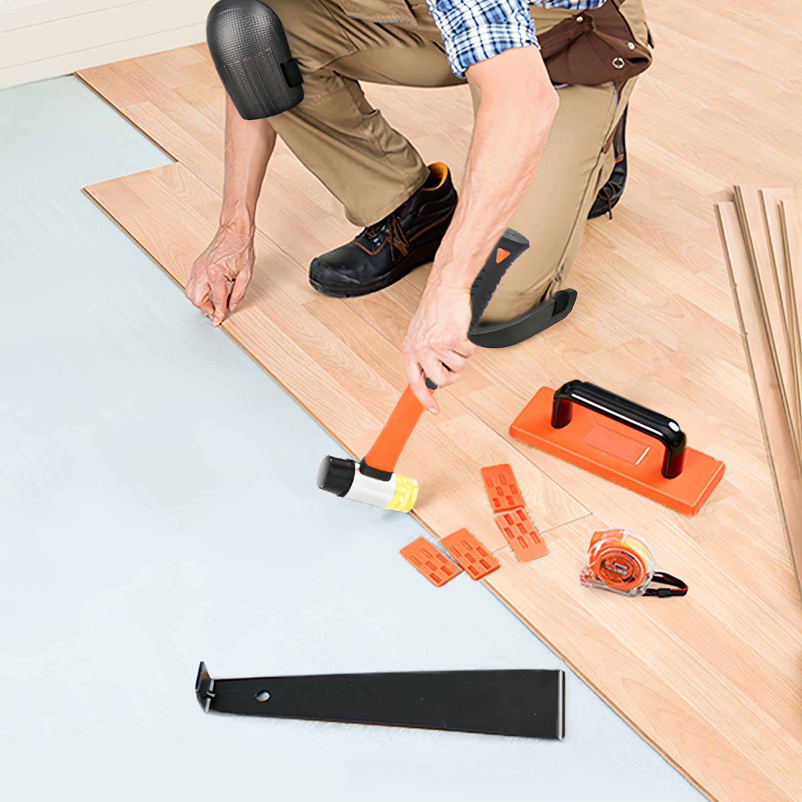 Suelo Laminado, 43 Piezas Herramienta de Laminado, 198 mm Sistema de Clic, 1 Taco de Impacto, 1 Barra de Tracción, 40 Espaciadores, 1 Martillo de Doble Cabeza, para Colocar Piso de Madera Compu