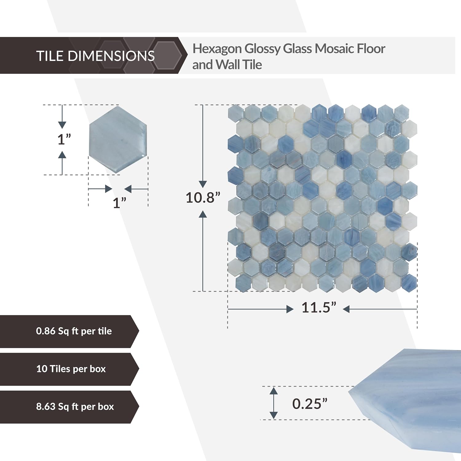 Apollo Tile 10.8 x 11.5 in. Hex Mosaic Glossy Glass Light Blue Tile 10-Pack APLAHX8805A, Elegant Kitchen Backsplash, Durable Wall Finishing Flooring for Bathrooms, Showers, Garages