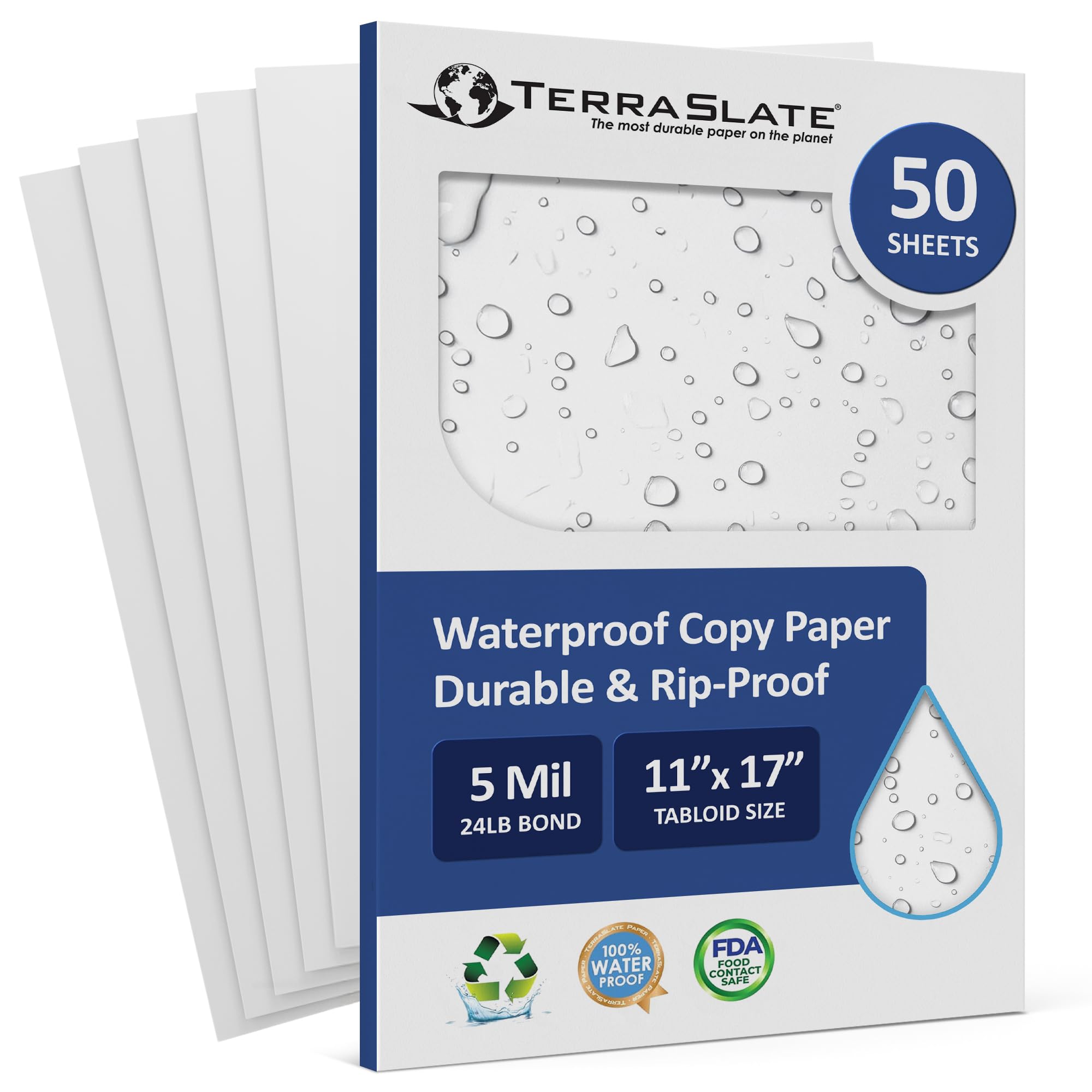 TerraSlate Waterproof Paper, Rip-Proof Paper, 50 Sheets, 5 Mil (24lb Bond), 11” x 17”, Laser Printer and Copy Machine Compatible
