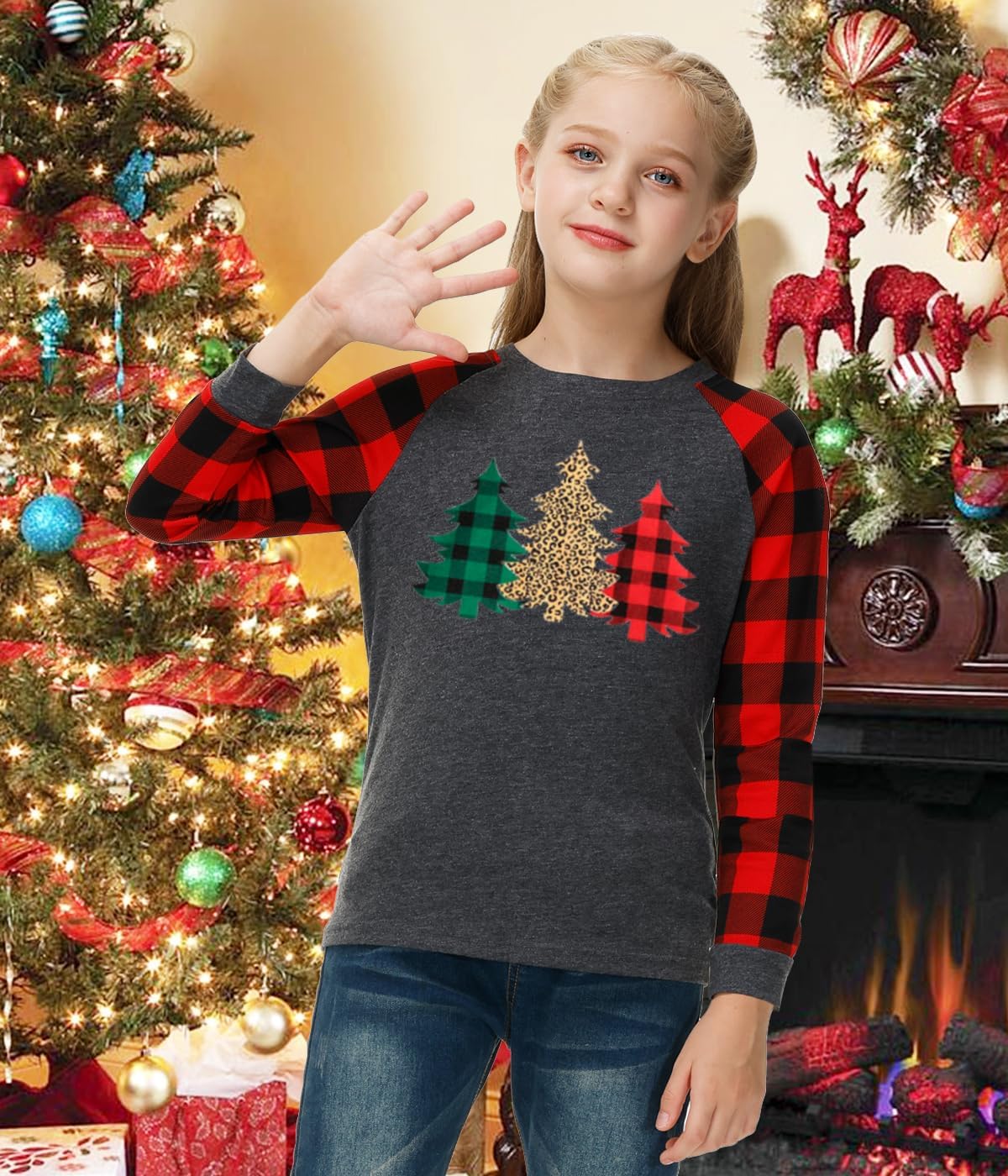 Remimi Girls Christmas Shirts Long Sleeve Cute Buffalo Plaid Graphic Tops 3-14 Years