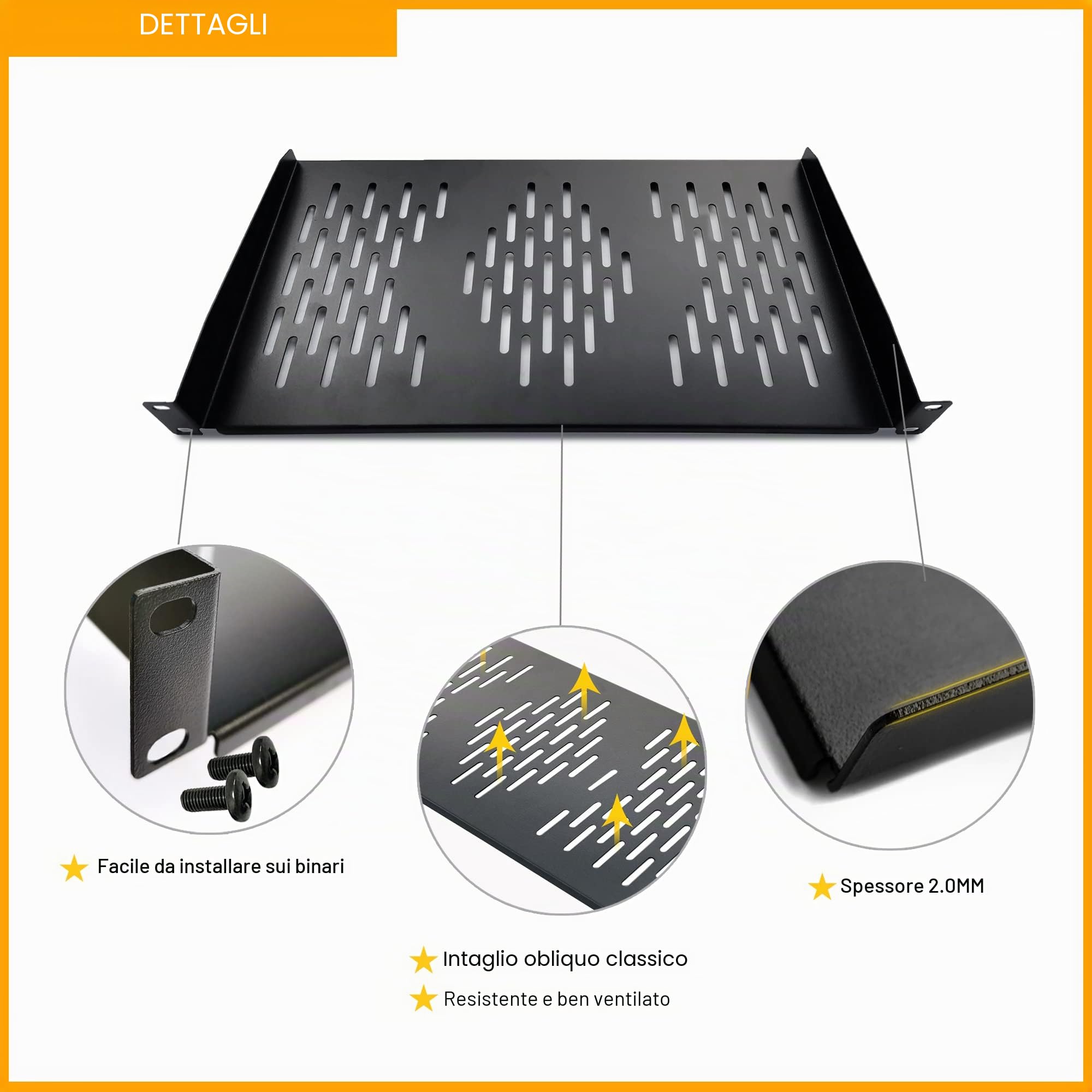 RIVECO 2 mensole per rack 1U, montaggio per armadio da 48,3 cm, 1 vassoio a U, cantilever ventilato per montaggio su mensole del computer, profondità 25 cm, nero