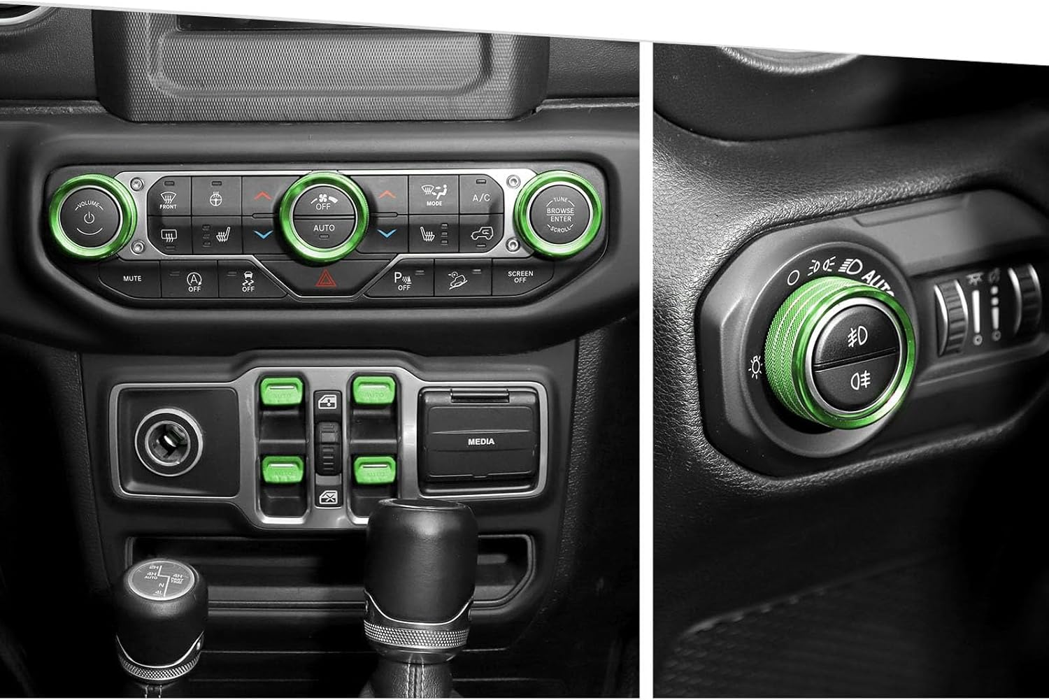 Jimen Fit for Jeep Wrangler JL JLU 2018-2025 & Gladiator JT 2020-2025, 8PCS Window Button Trim & Audio Volume Radio Knob AC Control Ring Air Conditioning Knob & Headlight Switch Knob Cover (Green)