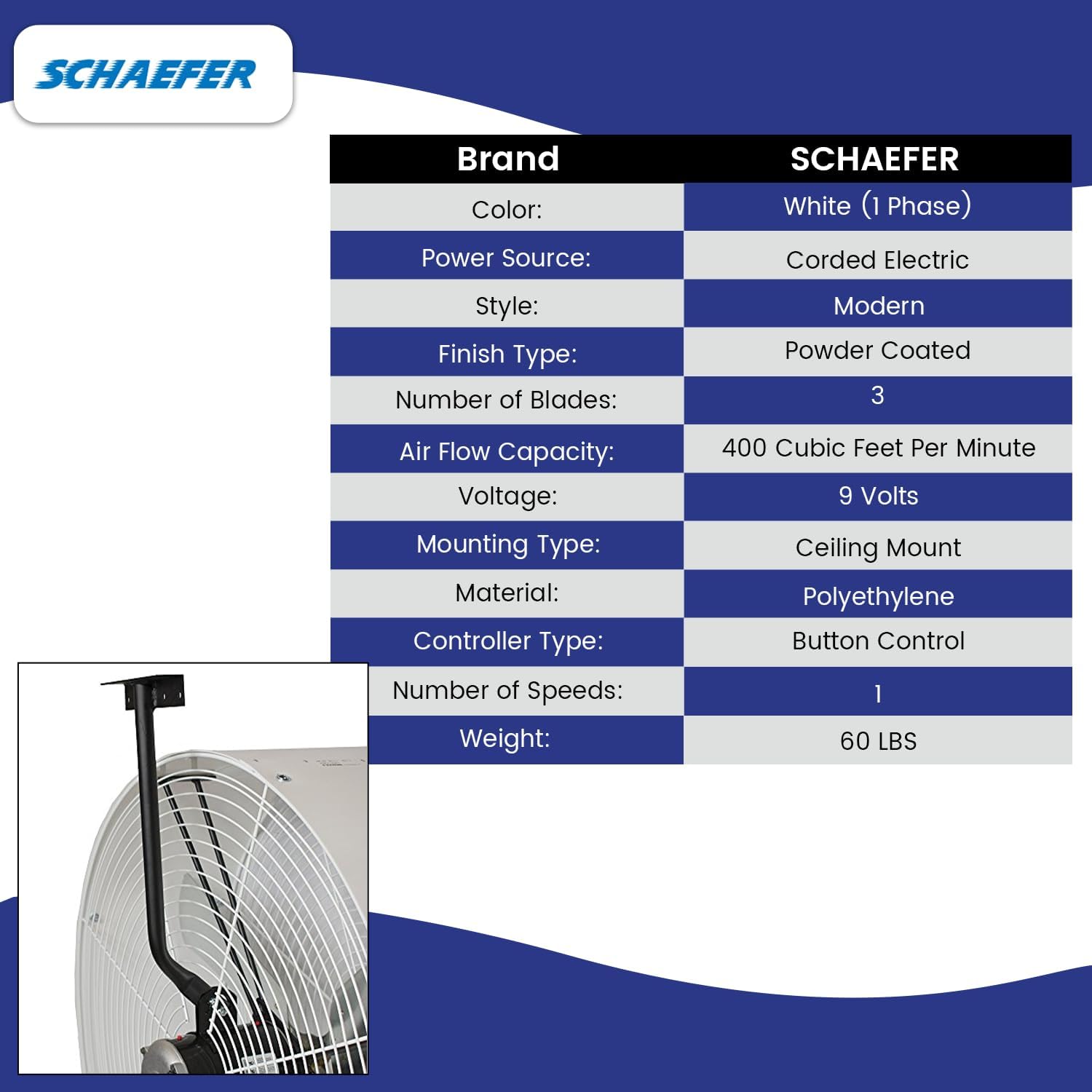 Schaefer VK36 Versa-Kool Air Circulator Fan, Ceiling Wall Mount Greenhouse Fan & Steel Guards, 11400CFM,1/2 hp