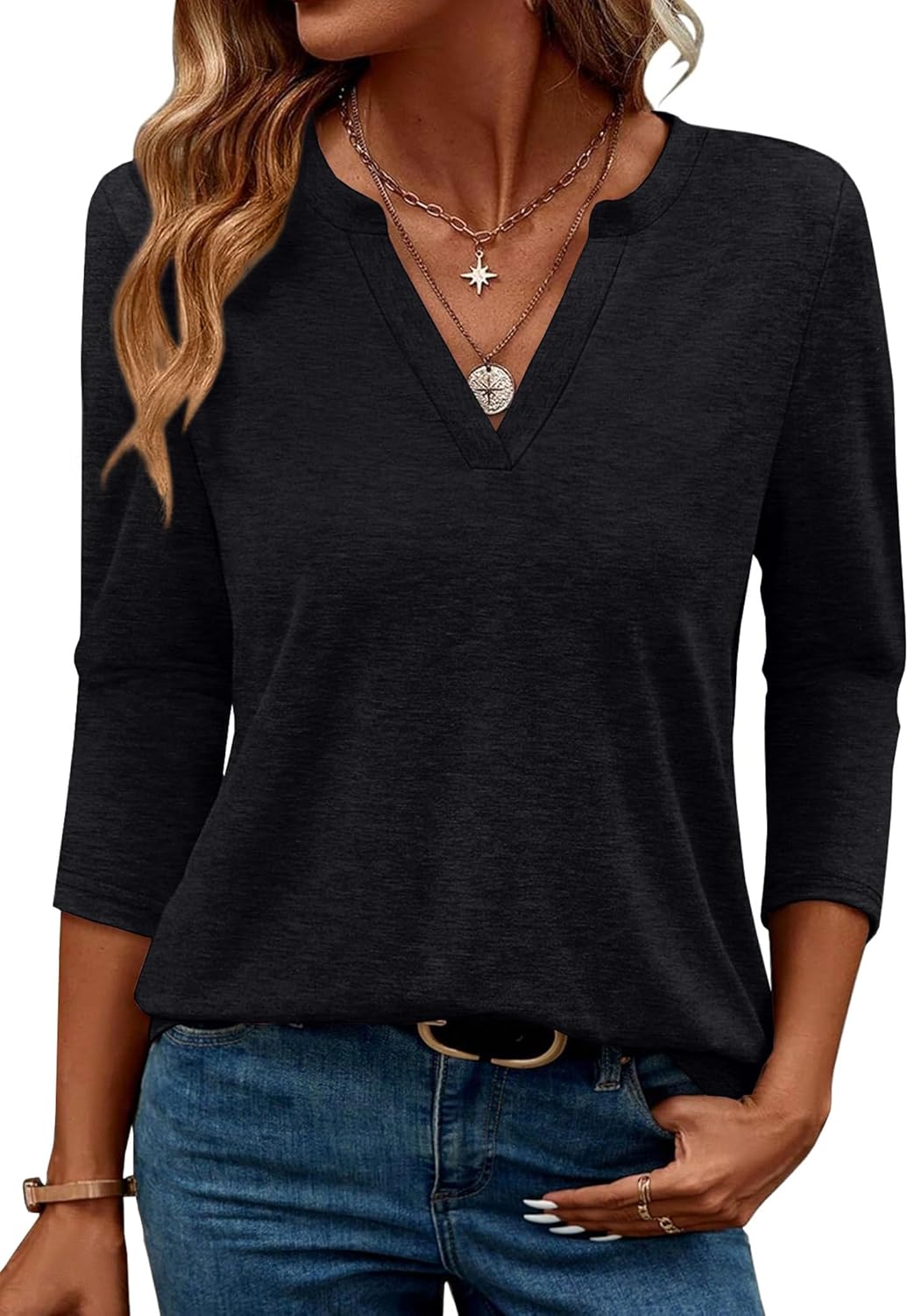 OFEEFAN 3/4 Length Sleeve Womens Tops V Neck Tunic Shirts Loose Curved Hem Blouses Dressy Casual S-3XL - Image 2