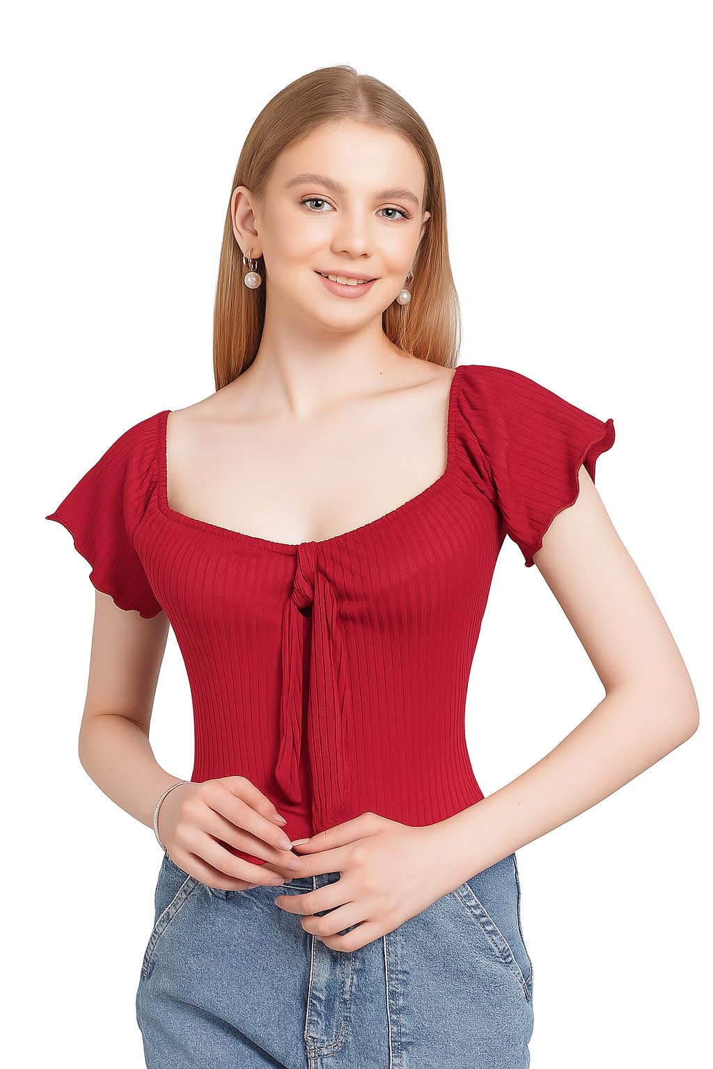 Women's Off-Shoulder Ribbed Crop Top with Flutter Sleeves, White-image-21