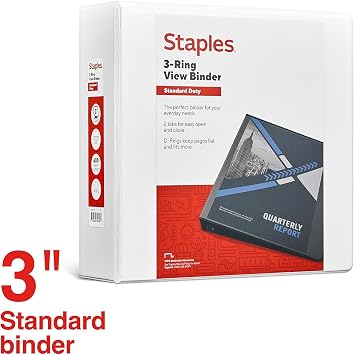 Staples 3-Inch D-Ring View Binder, White, 600 Sheets