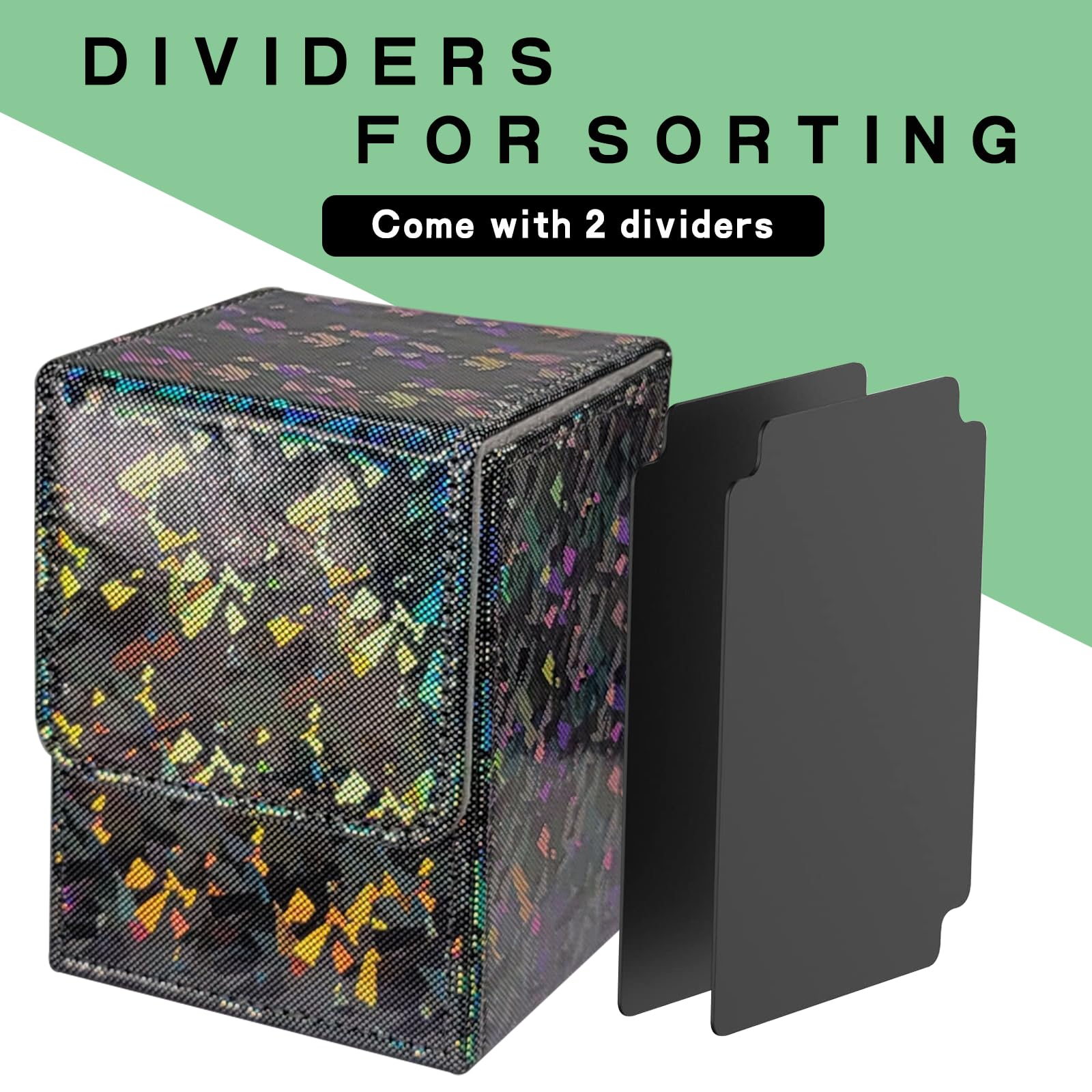 Dmoicols Caja de cartas brillante con capacidad para más de 100 tarjetas de una sola manga, funda de almacenamiento de tarjetas de cuero, caja de mazo MTG Commander con 2 separadores para tarjetas