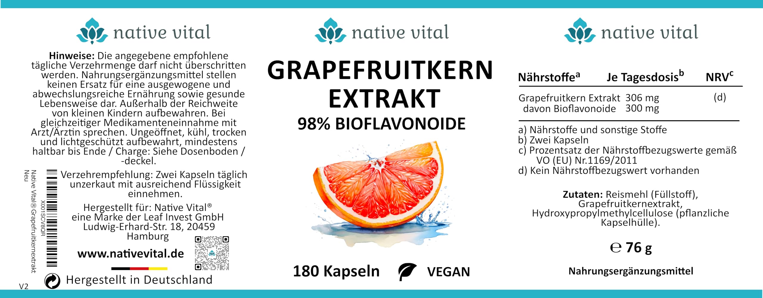Grapefruitkernextrakt - WICHTIG: 98% Bioflavonoide - 180 Kapseln - Made in Germany - Vegan - Premium Qualität
