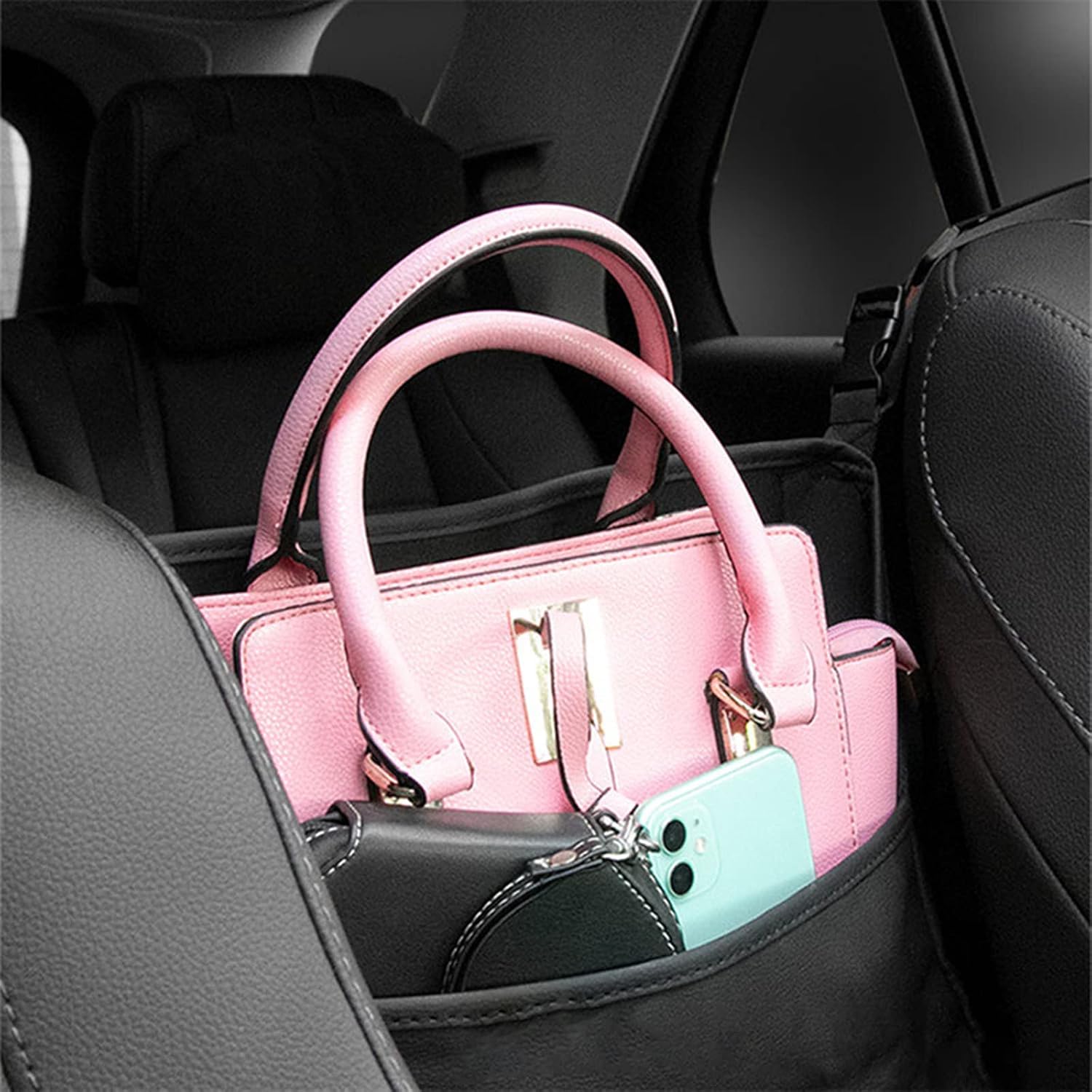 Upgraded Car Handbag Holder Between Seats PU Large Capacity Car Purse Holder Automotive Consoles & Organizers Leather