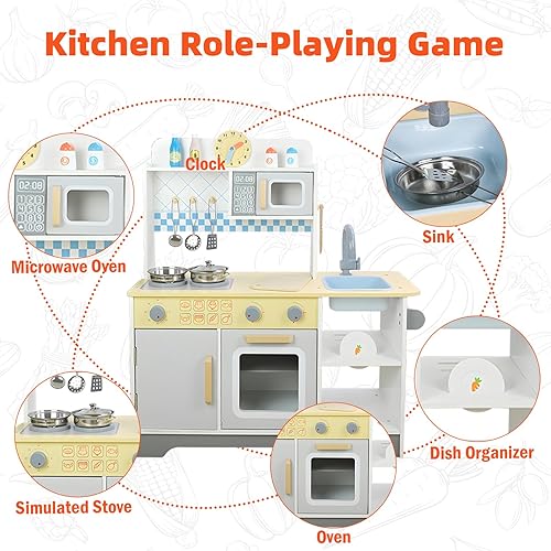Miniatura 4 de Adena Montessori Juego de cocina de madera para niños con estufa de cocina, microondas, horno, fregadero, almacenamiento de juguetes interesantes