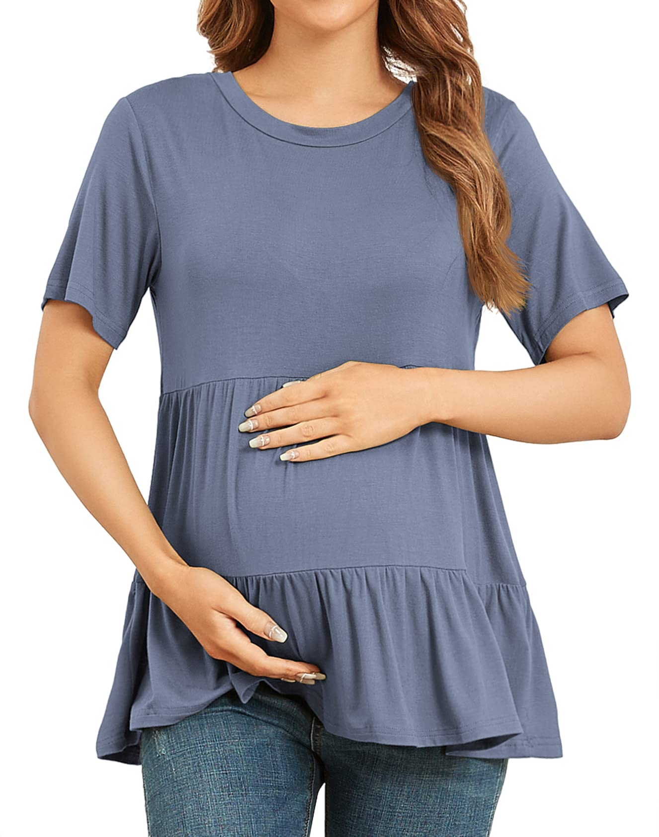 Xpenyo Women's Maternity T Shirts Short Sleeve Tiered Basic Casual Pregnancy Top