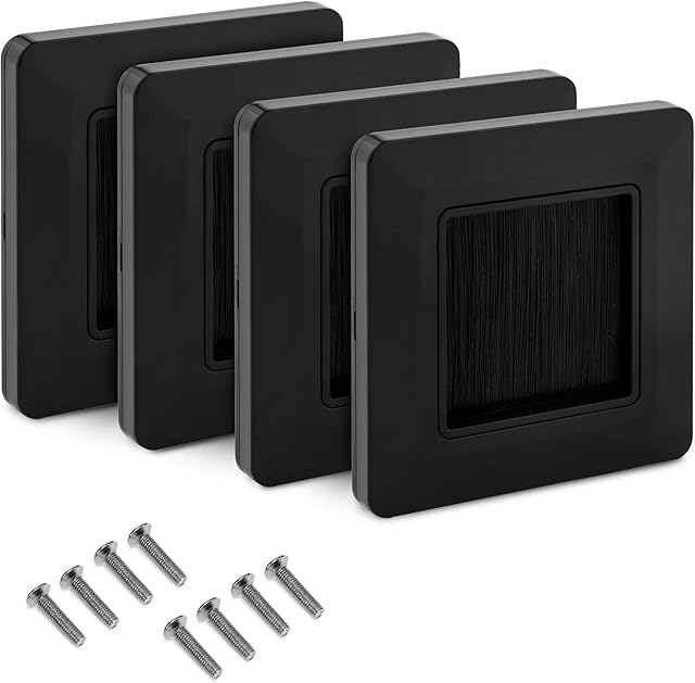kwmobile Flush Brush Wall Plate - 4x European Single Gang Flush Wall Mounted Brush Faceplate to Cover Outlets, Sockets and Tidy Up Wires - Black