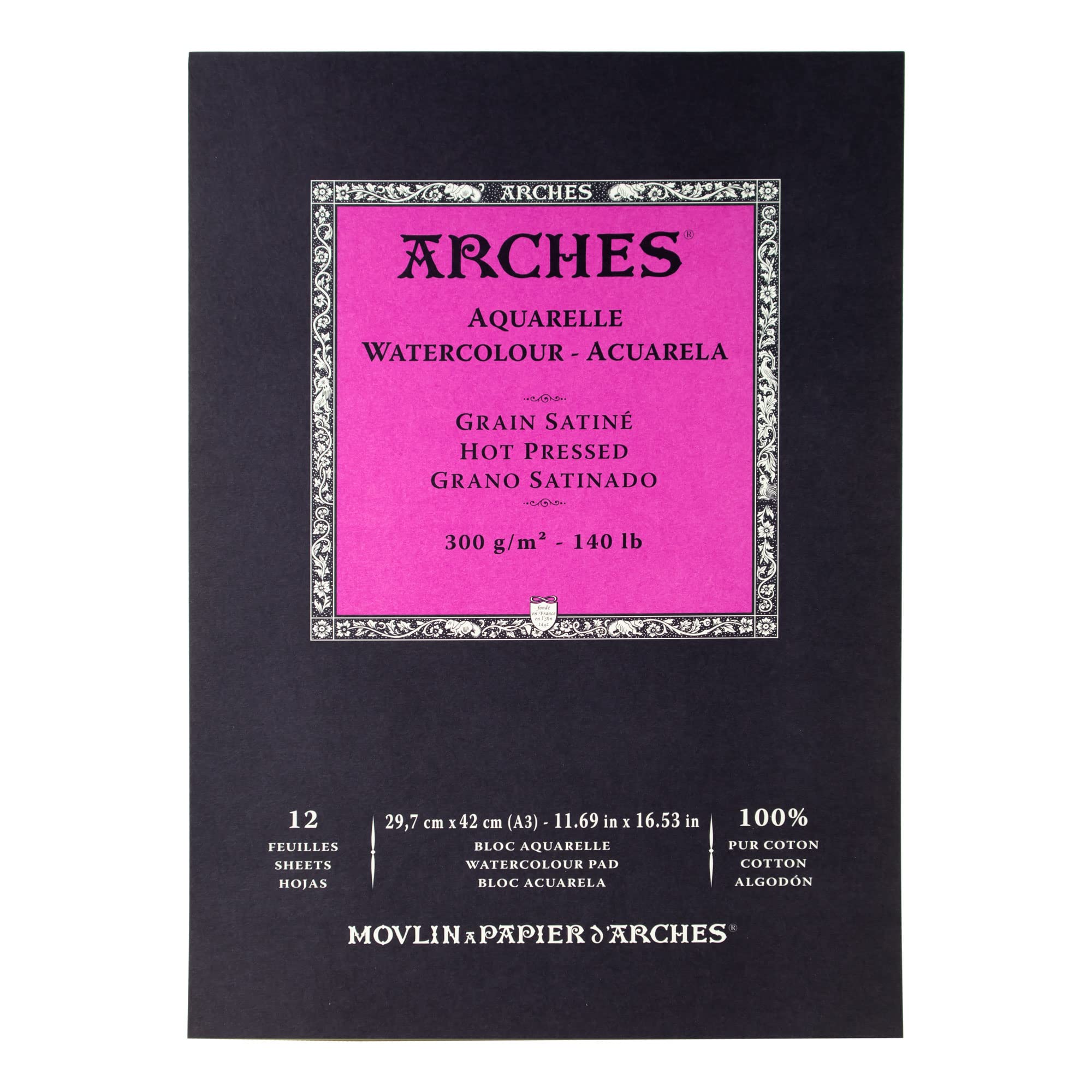 Arches Watercolor Pad 11.69x16.53-inch Natural White 100% Cotton Paper - 12 Sheet Arches Hot Press Watercolor Paper 140 lb Pad - Arches Art Paper for Watercolor Gouache Ink Acrylic and More