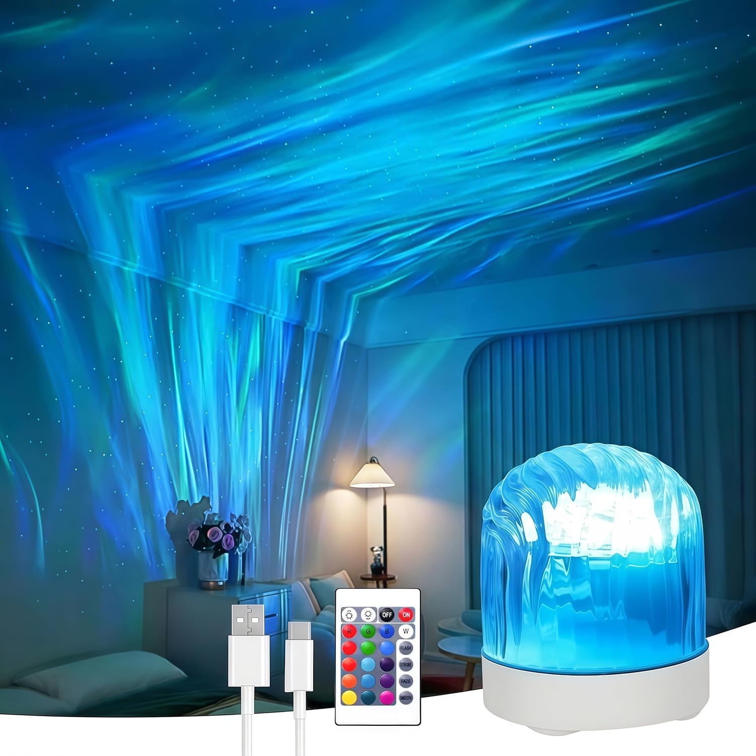 Northern Lights Projector Galaxy Projector, 16 Colors Brightness Dimmable Sensory Lights, Rechargeable Night Light Projector with Remote Control, Galaxy Light for Bedroom and Living Room Night Light