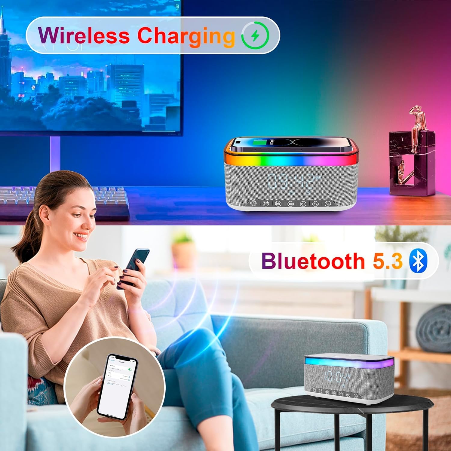 Lampe de Charge sans Fil, Reveil Chargeur Induction, Enceinte Bluetooth avec éclairage d'ambiance synchronisé avec la Musique, Réveil numérique,pour Chambre/Camping/décor de Salon