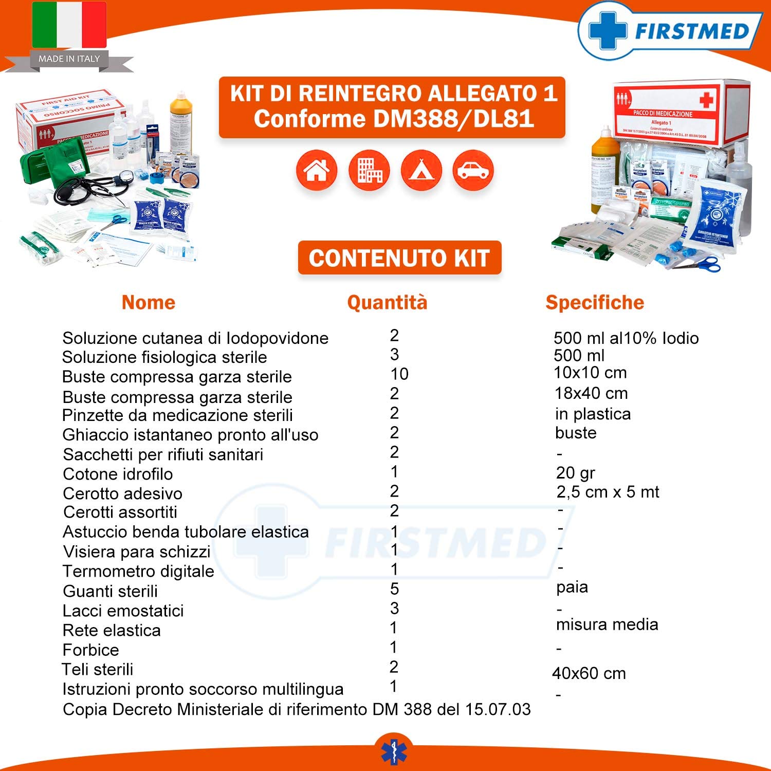 kit di reintegro ALLEGATO 1 SENZA SFIGMOMANOMETRO pacco medicazione per cassetta medica armadietto di pronto soccorso aziende più 3 dipendenti