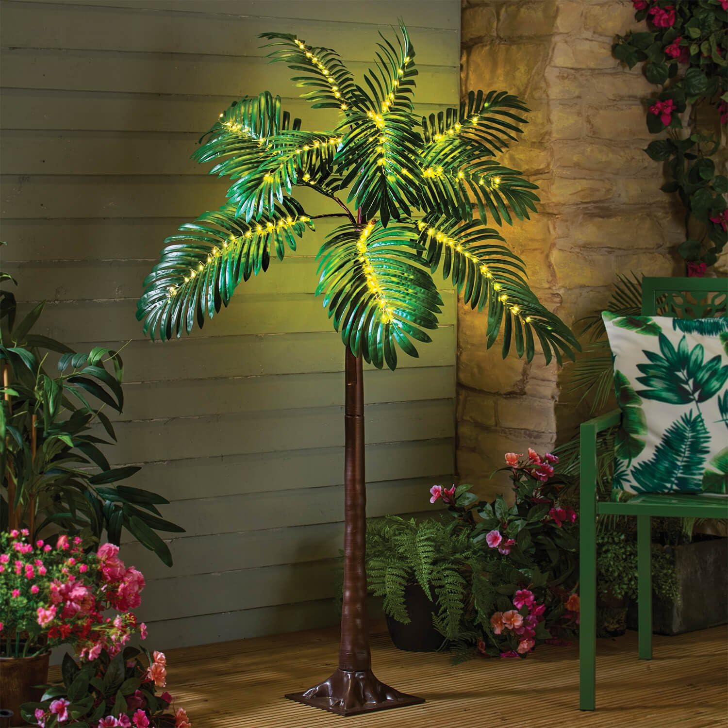 Coopers Of Stortford Green - Solar Light-Up Palm Tree – 120 Warm White Leds – Tropical Garden Décor With Ground Stakes – H120cm, 2M Cable