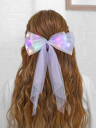 Miniatura 6 de JONKY Pinzas para el pelo con lazo iluminado, pasadores de velo, lazos LED, tocado con lazo, horquilla corta de tul para fiesta, accesorios para el