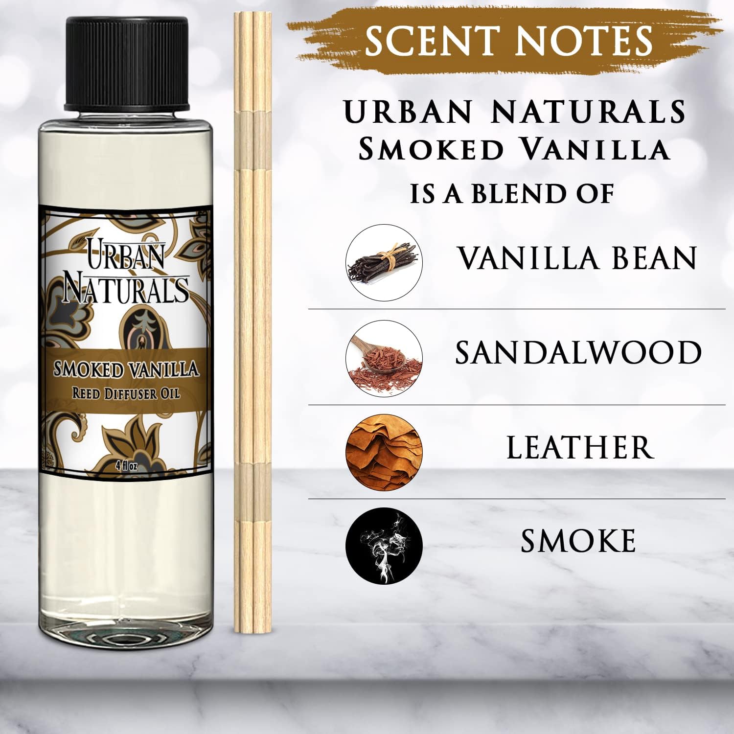 Urban Naturals Smoked Vanilla Scented Oil Reed Diffuser Refill with Free Set of Reed Sticks! A Vanilla Bean, Sandalwood & Leather Scent, 4 oz - Image 2
