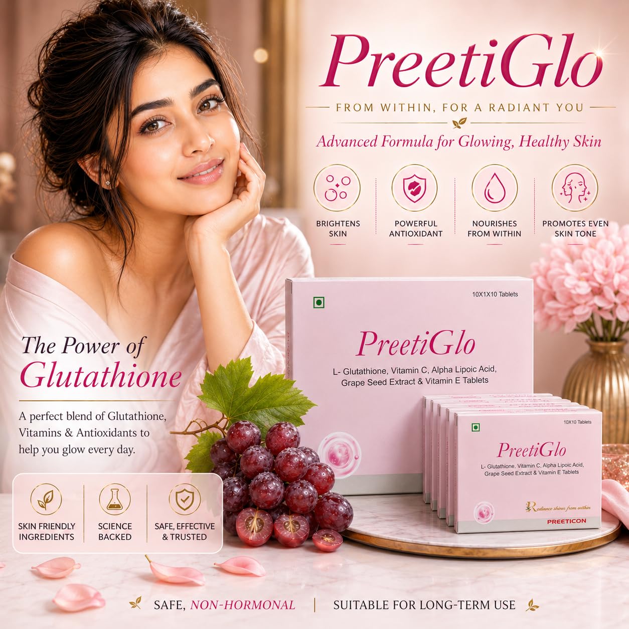 PreetiGlo L-Glutathione, Vitamin C, Alpha Lipoic Acid, Grape Seed Extract & Vitamin E Skin Brightening Tablets, 30 Count 1