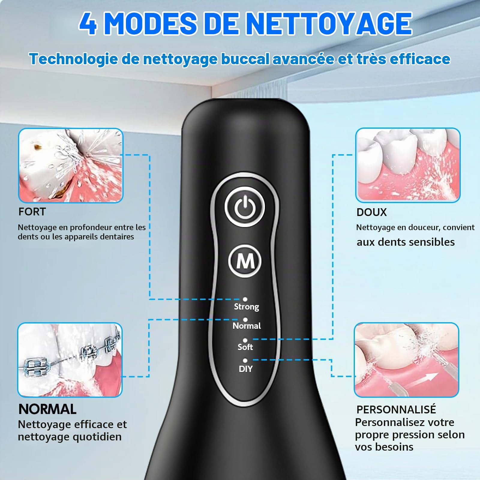 Jet Dentaire Hydropulseur Portable, Irrigateur Oral Sans Fil 4 Modes et 4 Buses, Réservoir 300ML, USB Chargé, Étanche IPX6, Convient Gencive Sensible