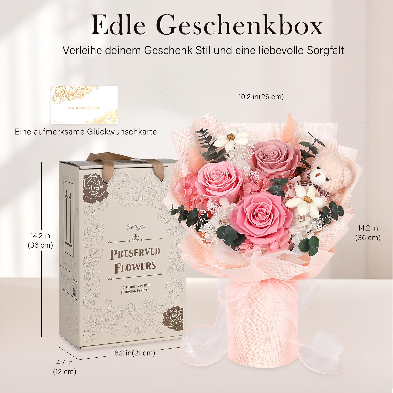 Konservierter Blumenstrauß mit Bär, 3 Infinity Rosen, rosa Rosenstrauß, Geschenke für Frauen, Valentinstag, Muttertag, Jahrestag und Geburtstagsgeschenk für Freundin, Mädchen, Mama
