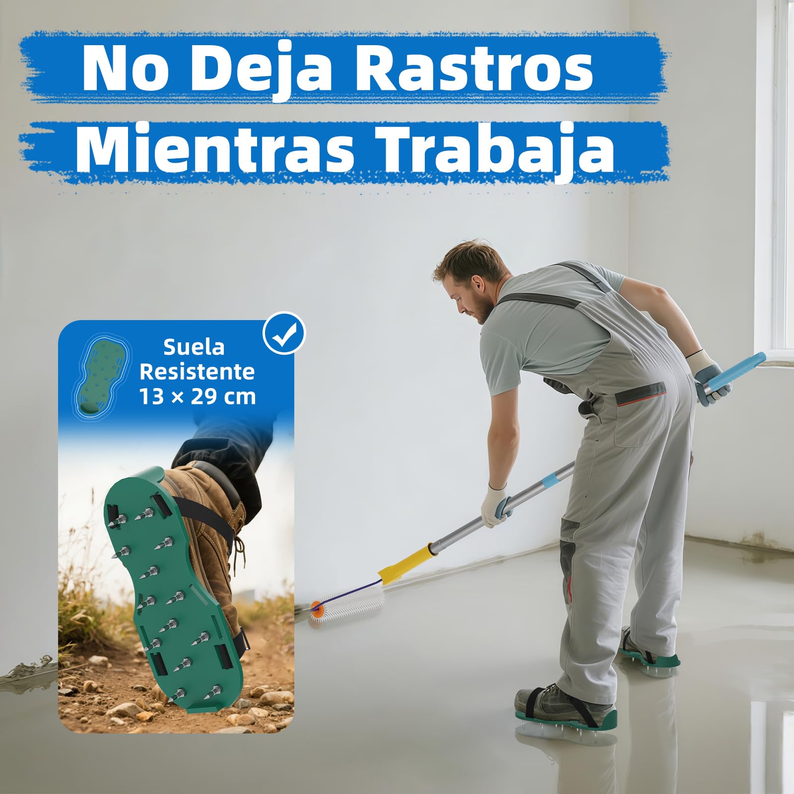 VKE Rodillo de Púas Autonivelante 23 cm - Espinas 14 mm, Autonivelante, 2 Rodillo Pintura 23 cm, Palo Telescopico 1,5 m, Zapatos Aireador para Cesped 30 mm, Herramientas para Autonivelante - 1 Asa