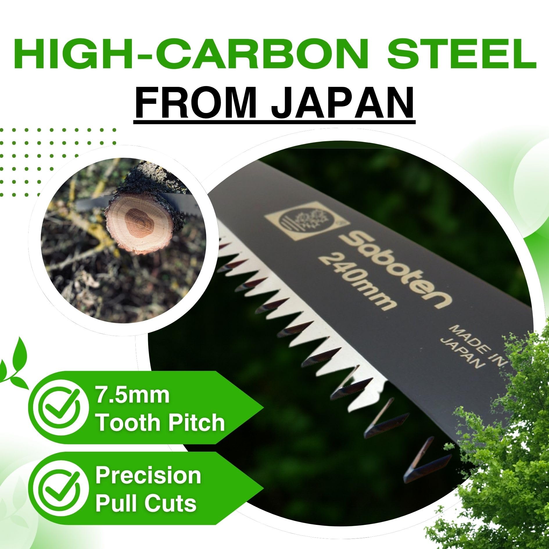Saboten Japan - Sierra de podar japonesa de 9.4 pulgadas, hoja de acero de alto carbono recubierta de flúor, mango de madera tradicional, herramienta de corte de precisión para ramas, originales del