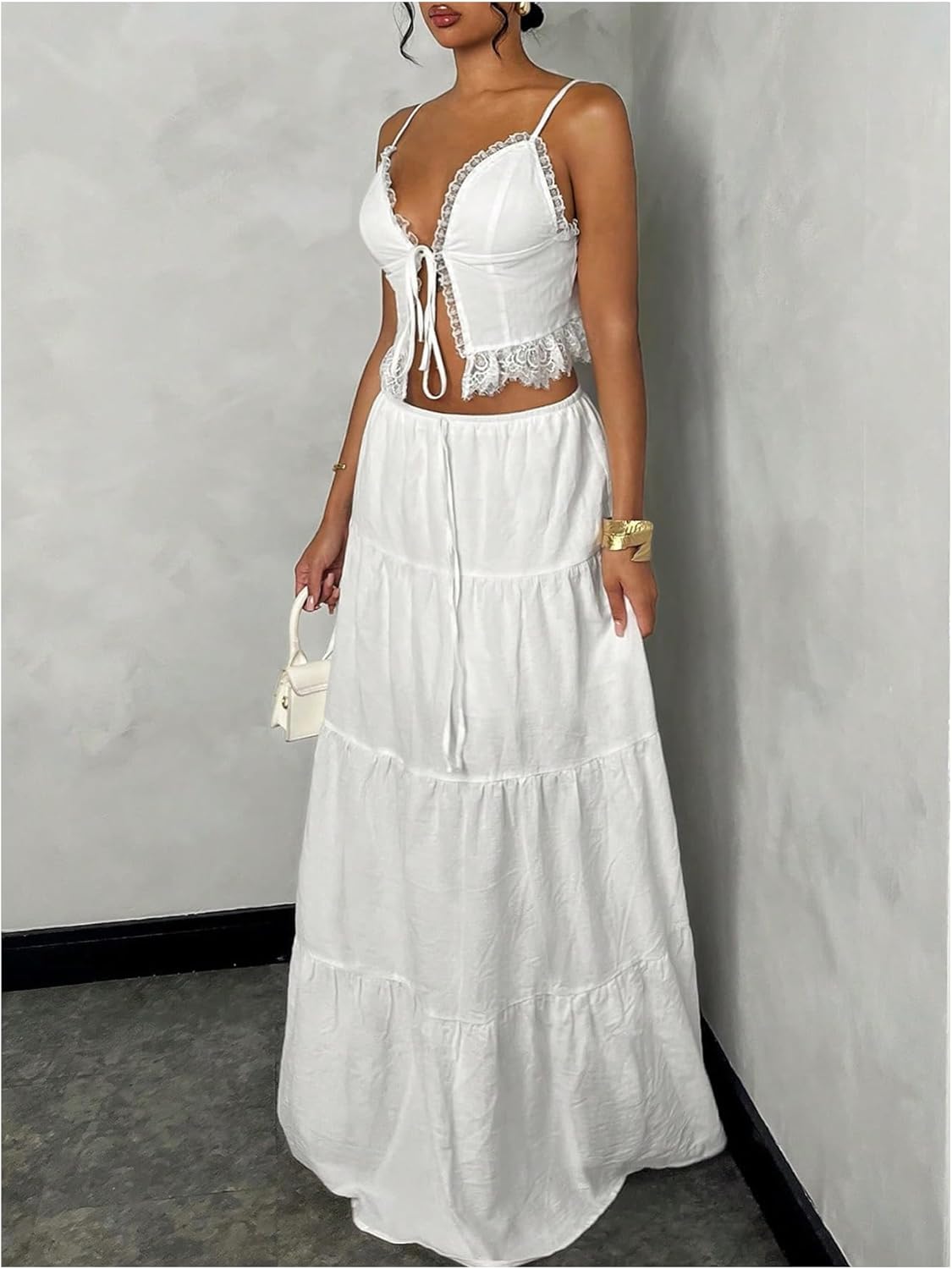 Floerns Women's 2 Piece Outfit Lace Trim Tie Front Camisole Top Tiered Maxi Skirts Set - Image 4