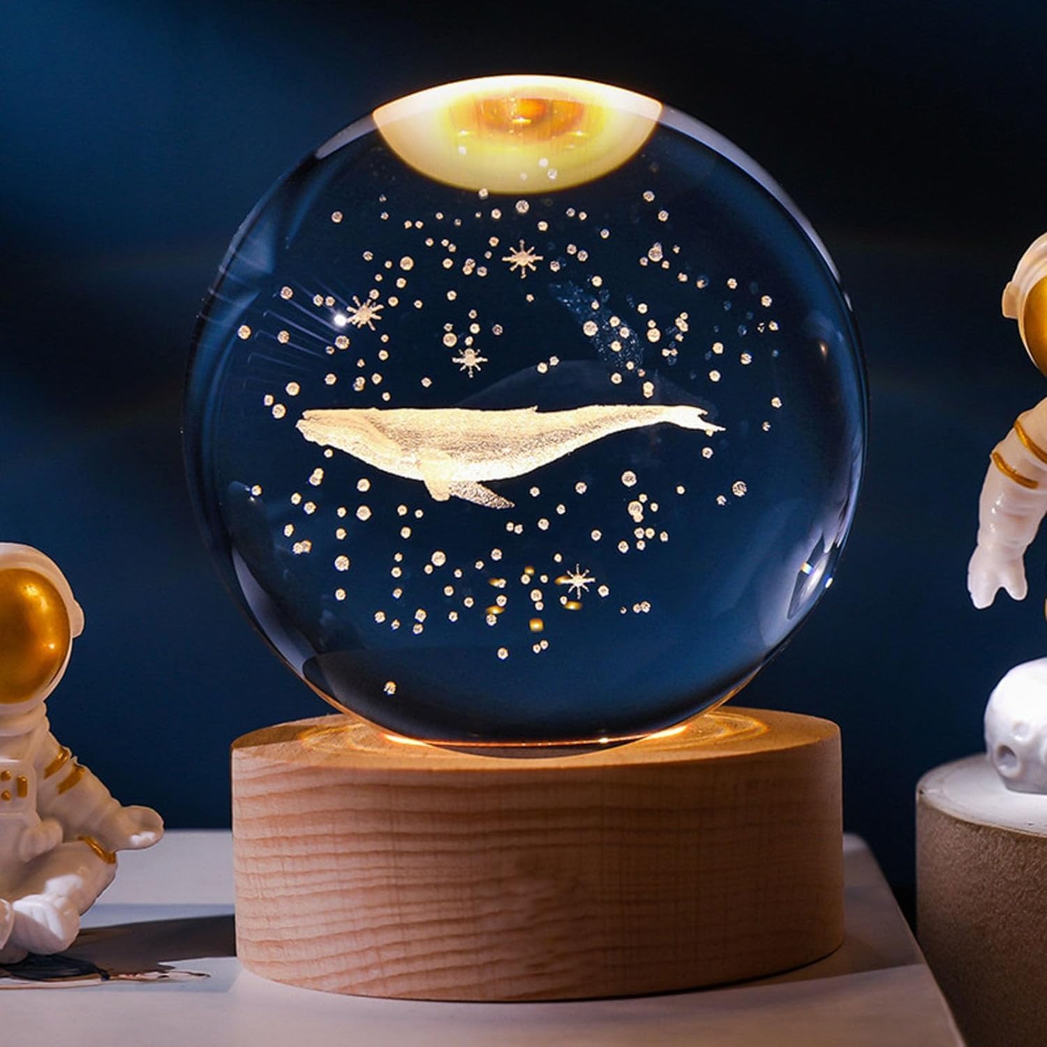 Tabletop Night Light Crystal Ball with Wood Base LED Night Lamp 3D Creative Saturn Astronomy Glaxy Night Lamp Fantasy Decoration Light for kid friend Birthday Gifts Room Decor (Whale, 8mm)