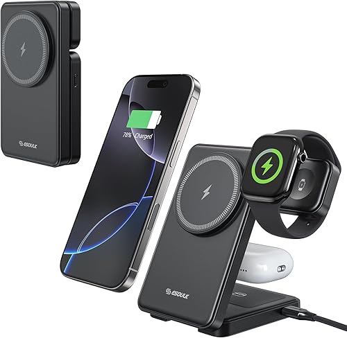Miniatura 3 de Esoulk Estación de carga inalámbrica magnética de viaje plegable 3 en 1 - Cargador rápido portátil para iPhone, AirPods y Apple Watch, base