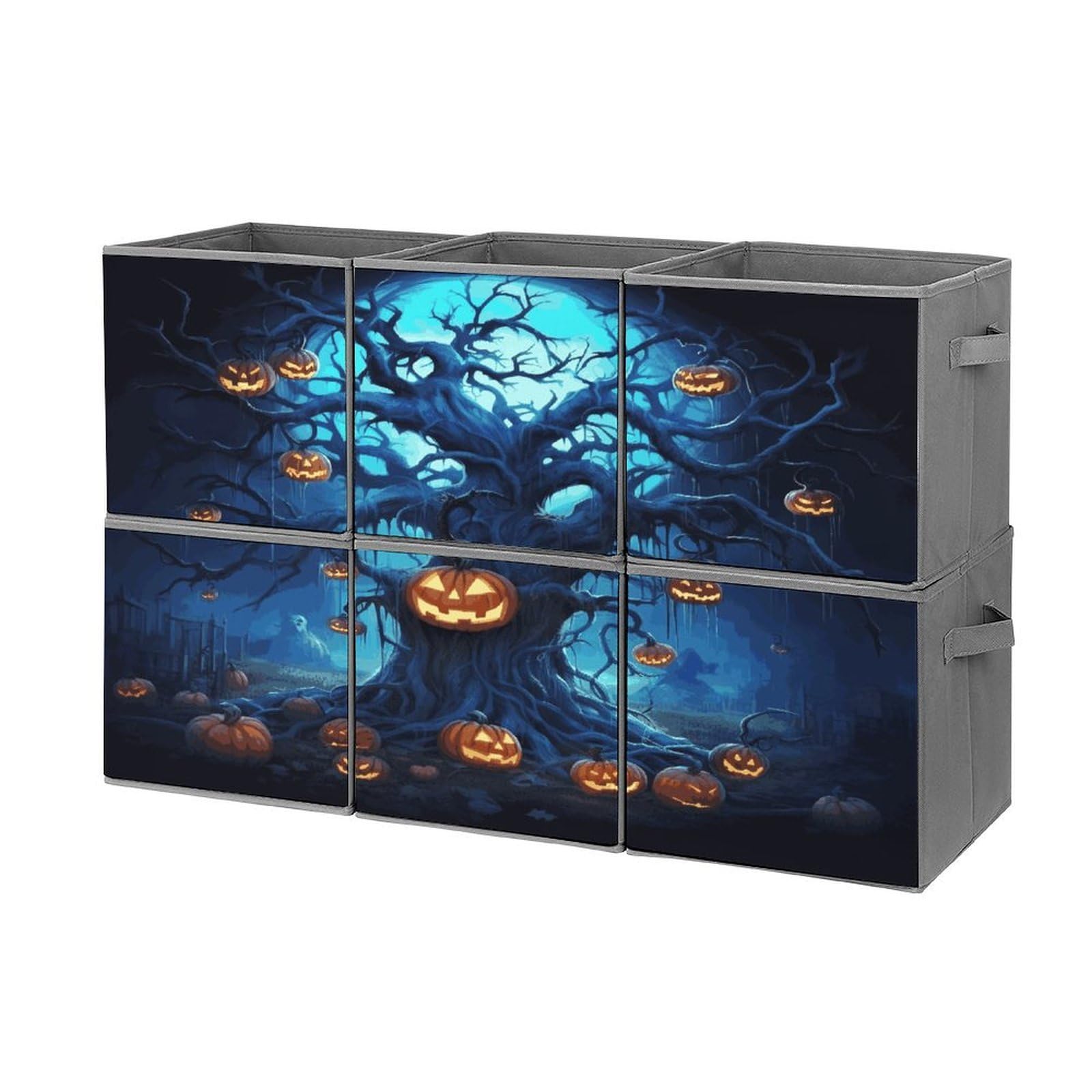 Btcowzrv Style Halloween Pumpkin Tree Blue Storage Cubes, 6 Pack Oxford Fabric Foldable Collapsible Bins With Handles, Cubby Storage Baskets Boxes For Closet Shelves Office Organization