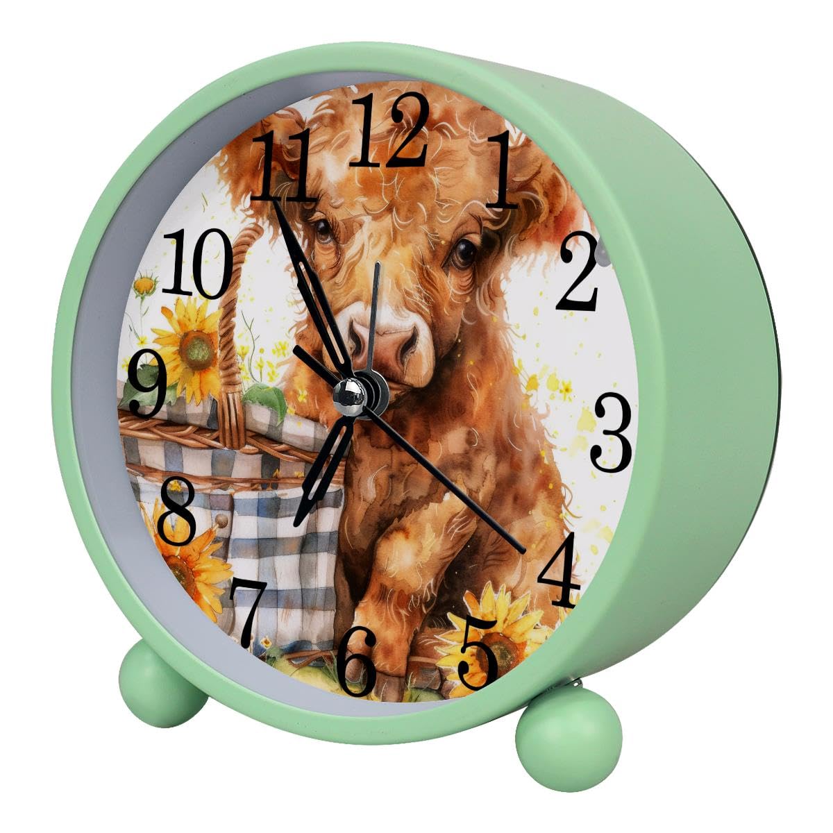 Alarm Clock Cow Basket Sunflowers, Silent Non-Ticking with Night Light