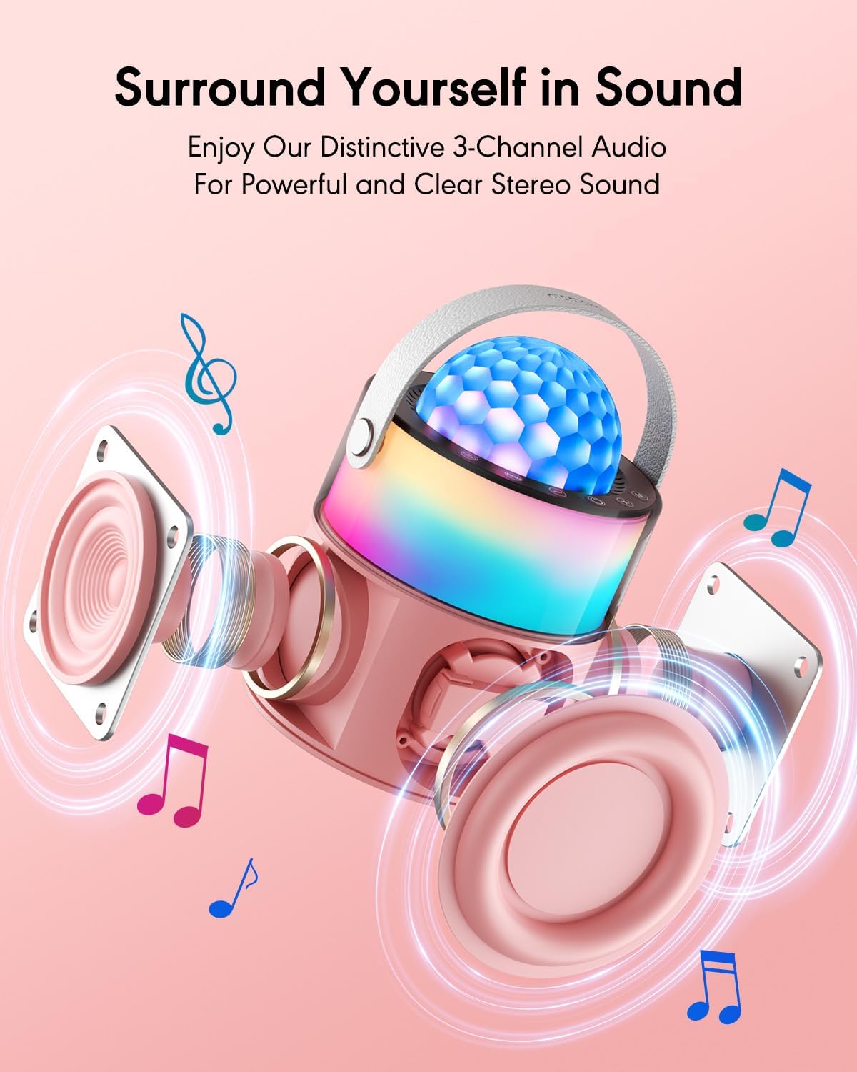 Karaoke Machine with Disco LED Lights for Adults Kids, Mini Portable Bluetooth Speaker with 2 Wireless Microphones, Birthday Gifts Toys for Kids Family Home Party (Pink) - Image 3