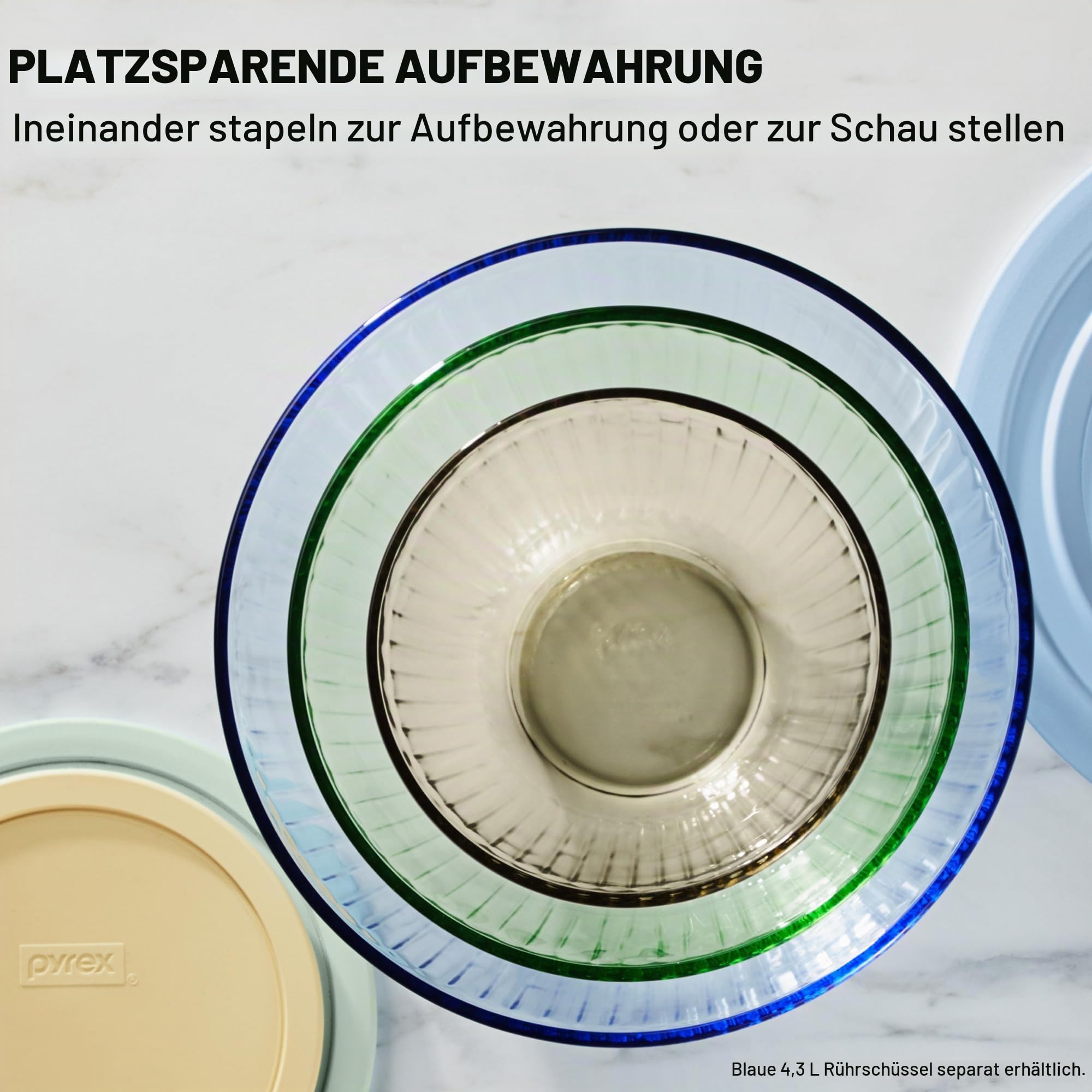 Pyrex Farbig getönte Glas-Rührschüsseln mit Deckel, stapelbar, platzsparendes Set zum Zubereiten und Backen, 2,3 l und 4,5 l, 4 Stück