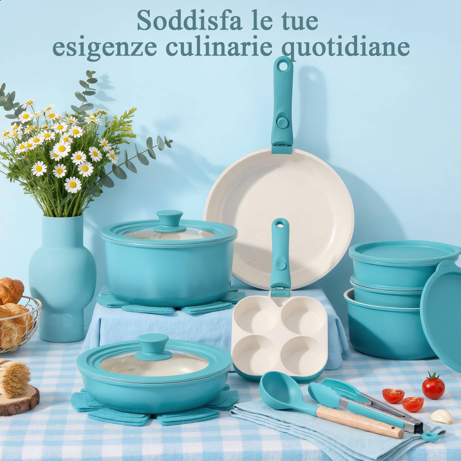 GiPP 21 Pezzi Set di Padelle Antiaderenti con Manici Rimovibili, Blu | Adatta per Induzione,Gas,Ceramica,Elettrico, Alluminio,Cucina Sana per Camper,Senza Tossine, Compatibile Forno/Lavastoviglie