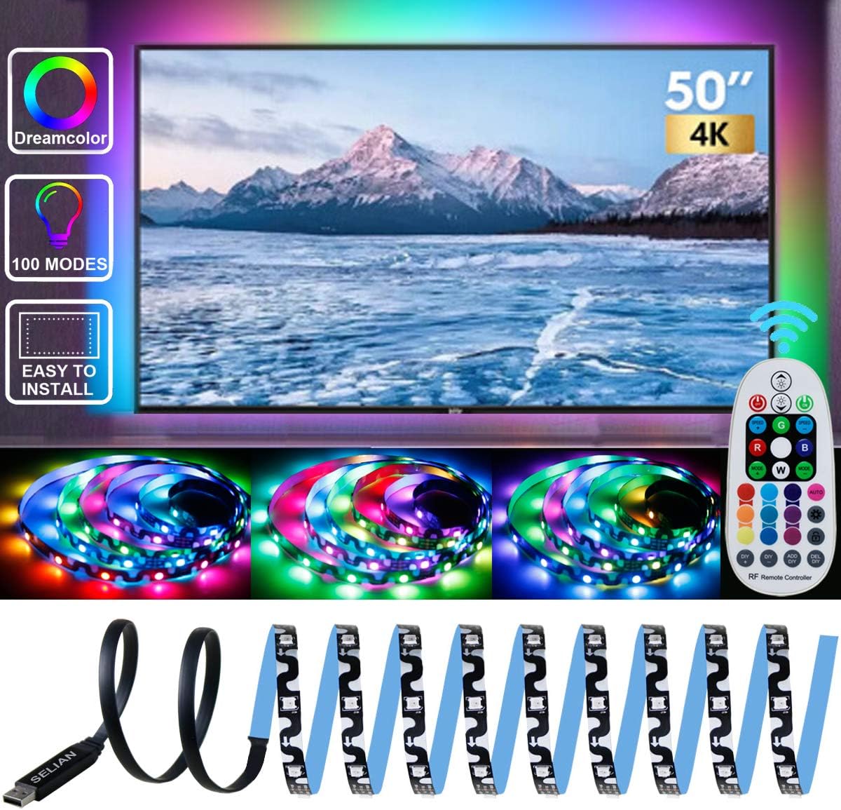 SELIAN LED TV Backlight with Remote Dreamcolor LED Strip Lights 2m for 40-60in TV Color Changing 5050 LED Lighting Strip with 5V USB Powered