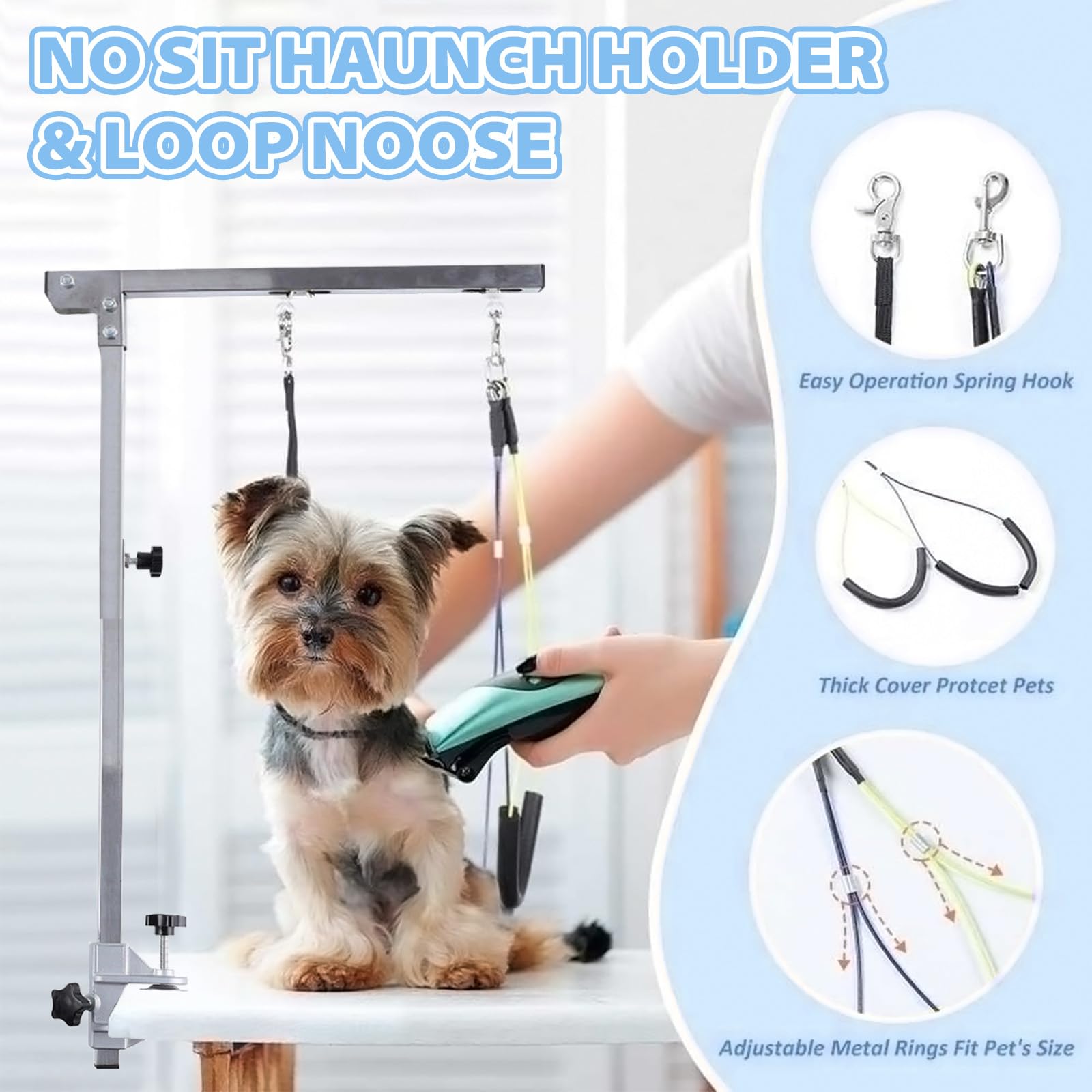 Faltbarer Haustier Fellpflege Arm mit Klemme, Verstellbar Hundepflege Bauchgurt, Faltbarer Tierpflegearm, 90 cm Höhenverstellbar für Große und Kleine Hunde, Professionelle Tierpflege
