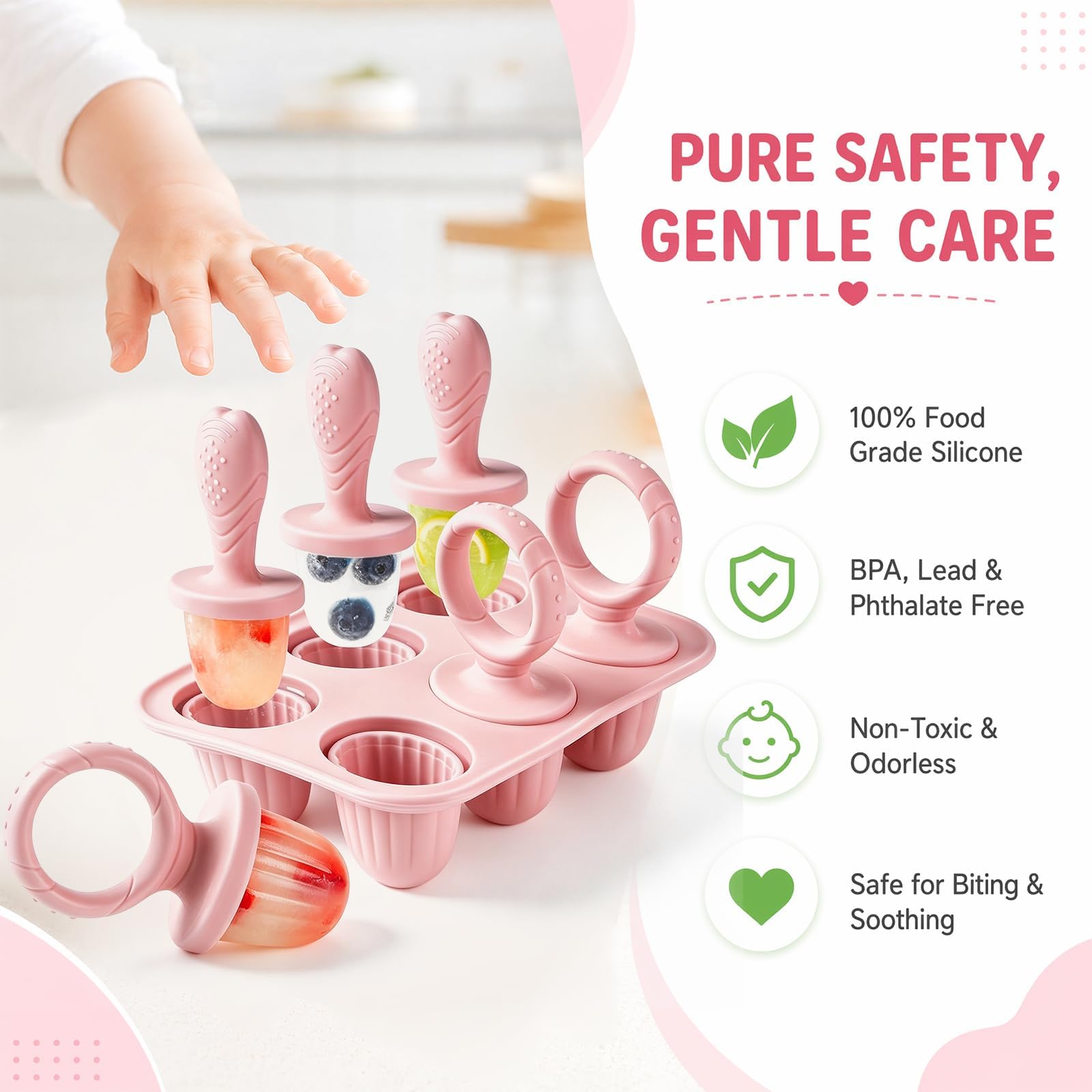 Molde Helado Bebe, 6x 17ml Moldes Helados Silicona Libre De BPA, Moldes Helados Con Palos Dentición, Ideal Para Bebe Manos Pequeñas (Rosa)