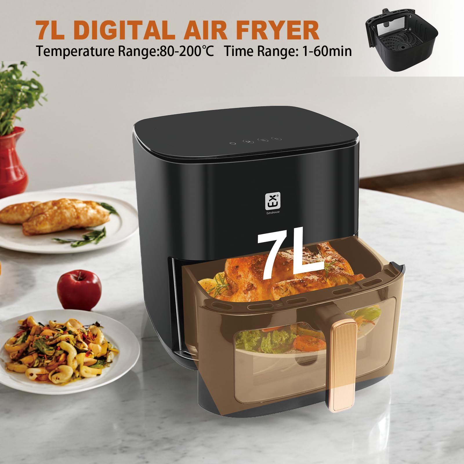 Airfryer 7L, friteuse à air XXL sans huile avec écran tactile, friteuse avec affichage numérique, 1800 W, mode shake, minuterie, livre de recettes, température maximale 200°c, type3