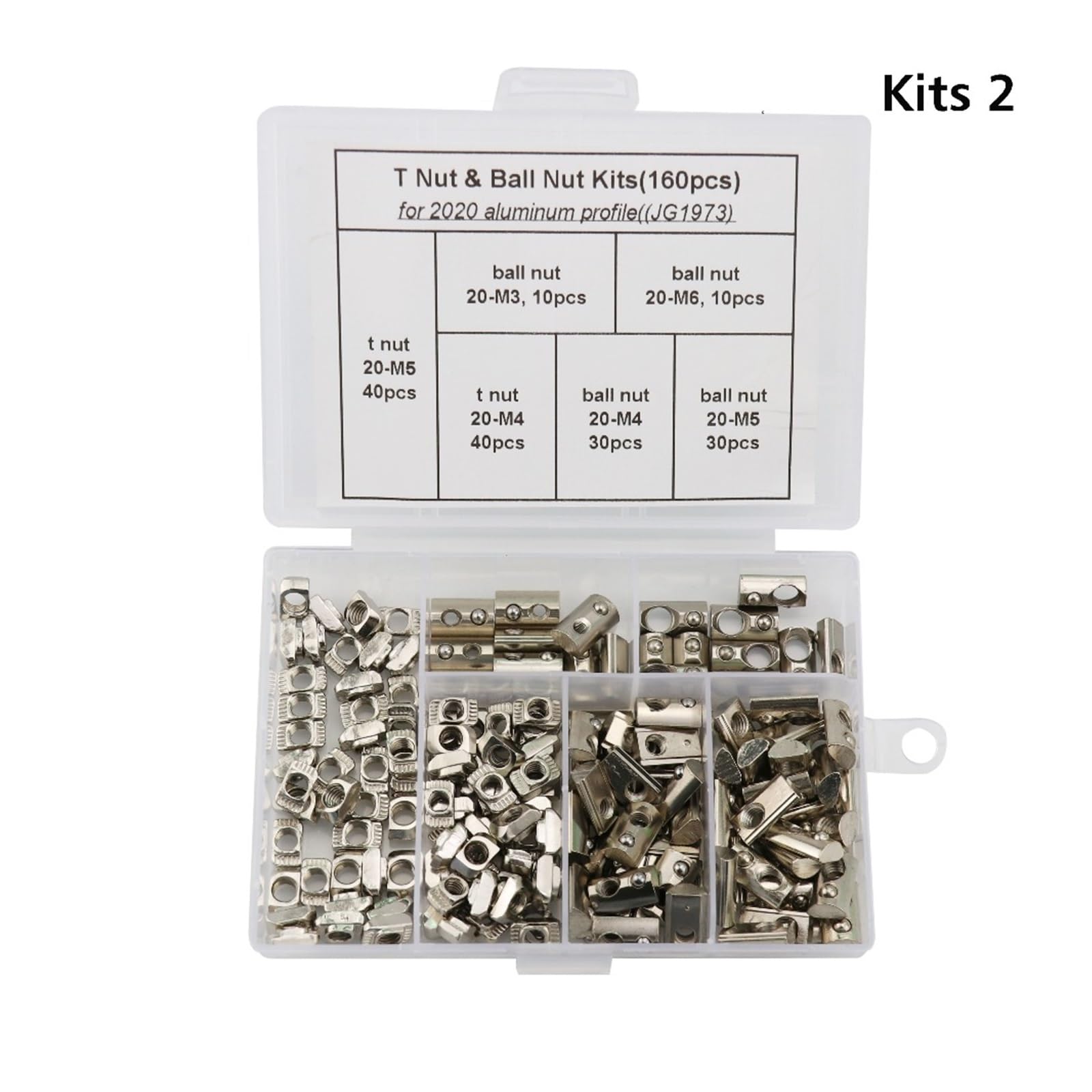 GRFIT 100 Uds 50 Uds M3 M4 M5 tuerca en T niquelada cabeza de martillo tuerca de fijación for perfil de extrusión de aluminio 2020 serie 1515 ranura 6mm (Size : Kits-2 Ball Nut)