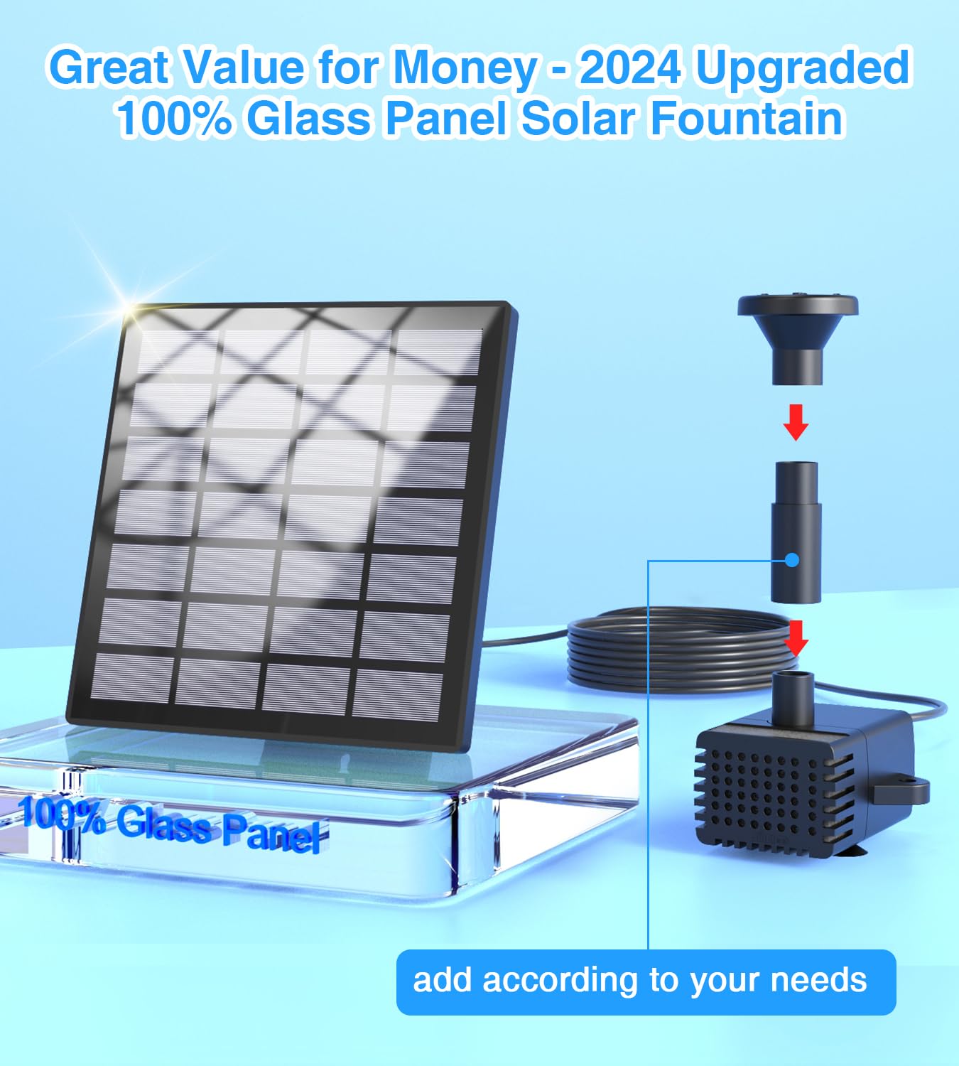 Fontana Solare SZMP Con Pannello Vetro E 8 Ugelli - Per Bagno Uccelli, Stagni E Decorazione Giardino